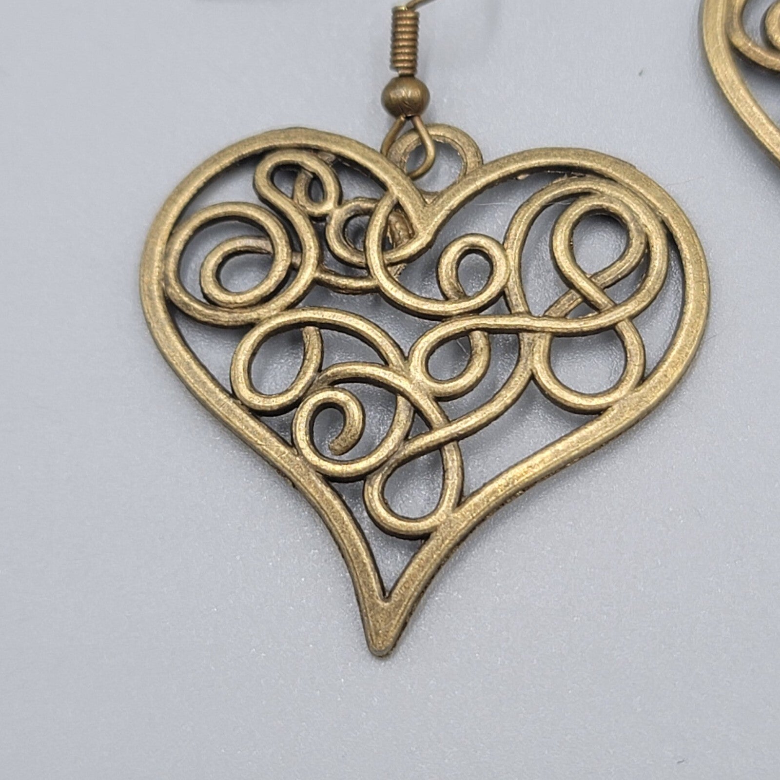 Heart Pierced Earrings Filigree Bronze tone Dangle New 1.25"