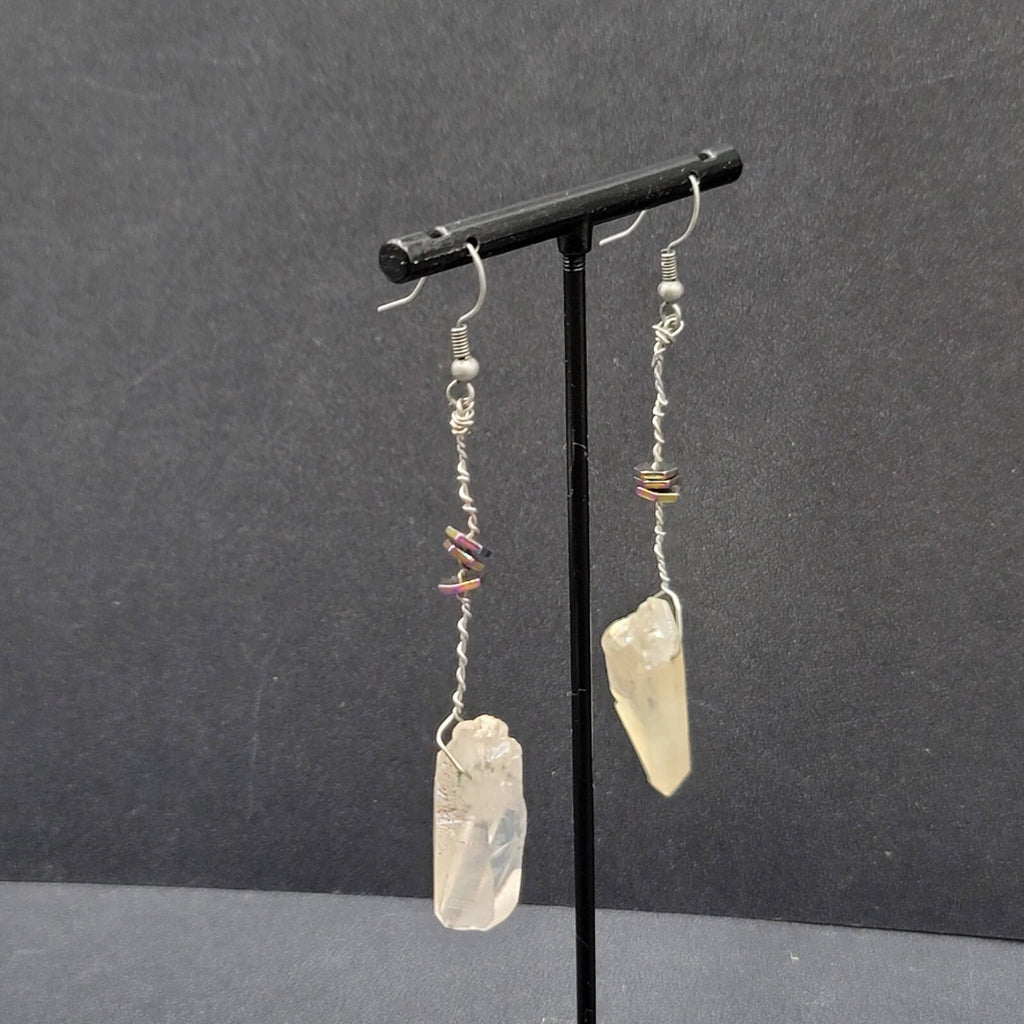 Artisan Crystal Pierced Earrings Boho Witchy Natural Dangle 2.75"