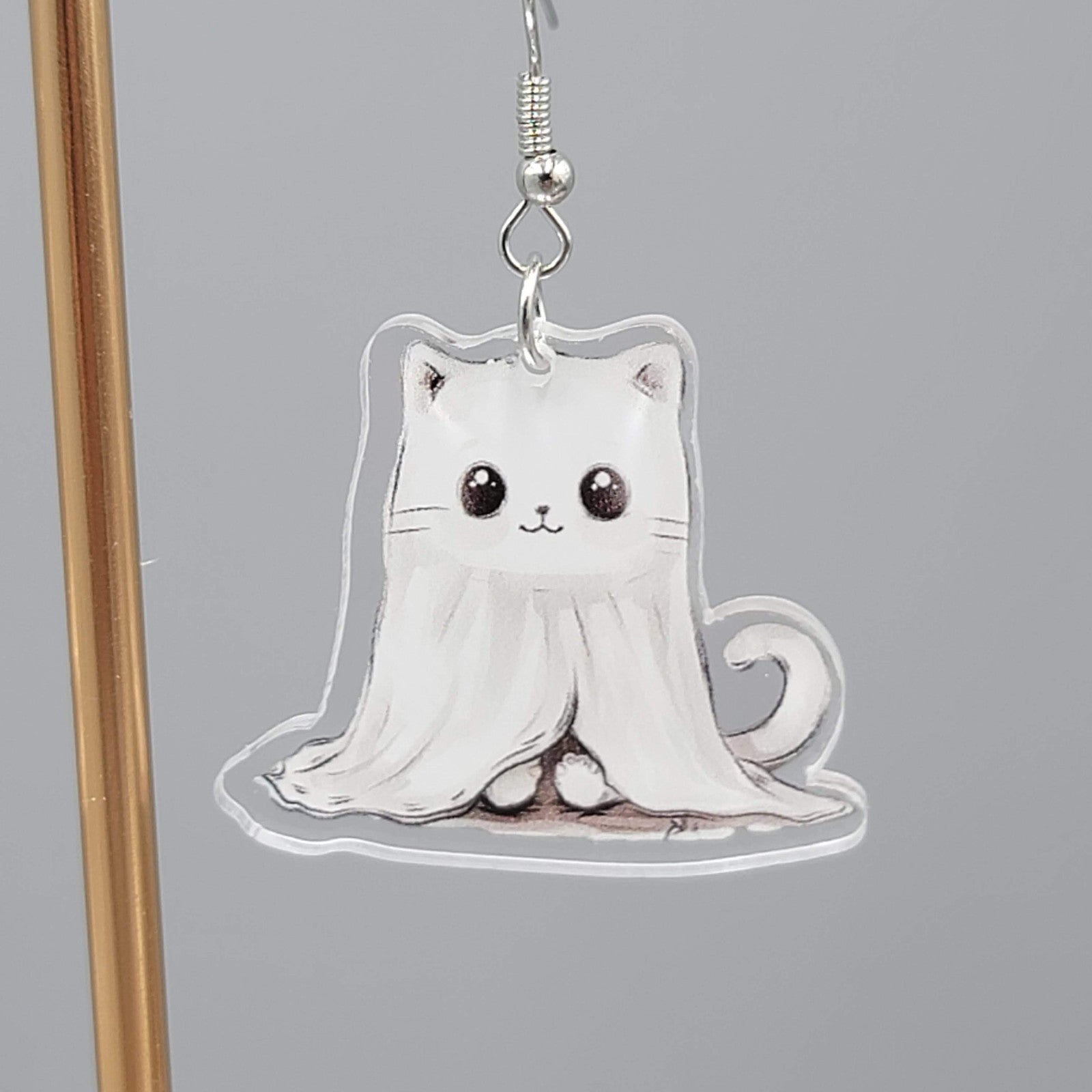 Halloween Ghost Kitty Cat Pierced Earrings Silver tone Dangle 1.5 in