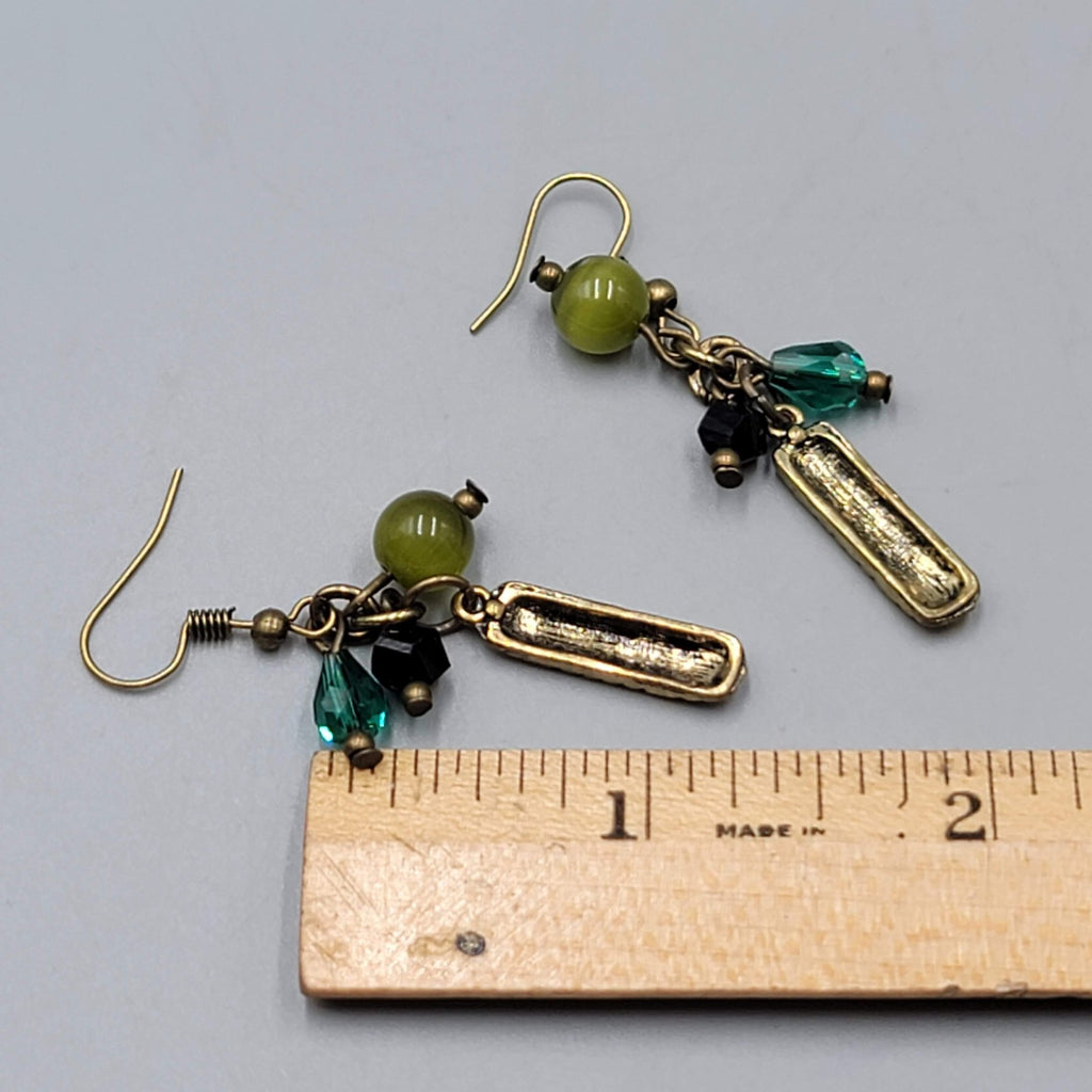 Green Black Glass Bead Pierced Earrings Bronze tone Dangle 1.25 in