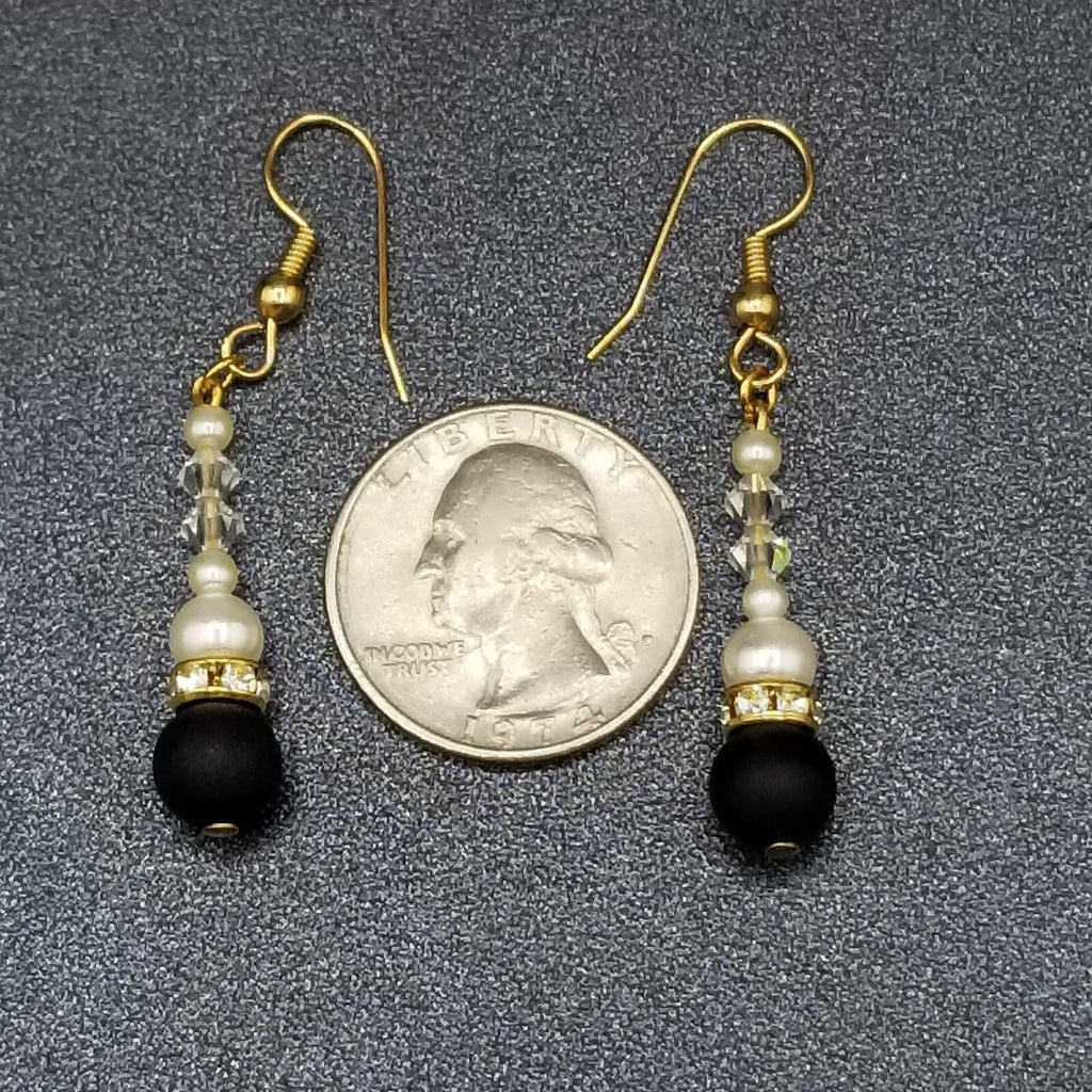 Pierced Earrings Gold tone Crystal Faux Pearl Black Beaded Dangle 1 1/8"
