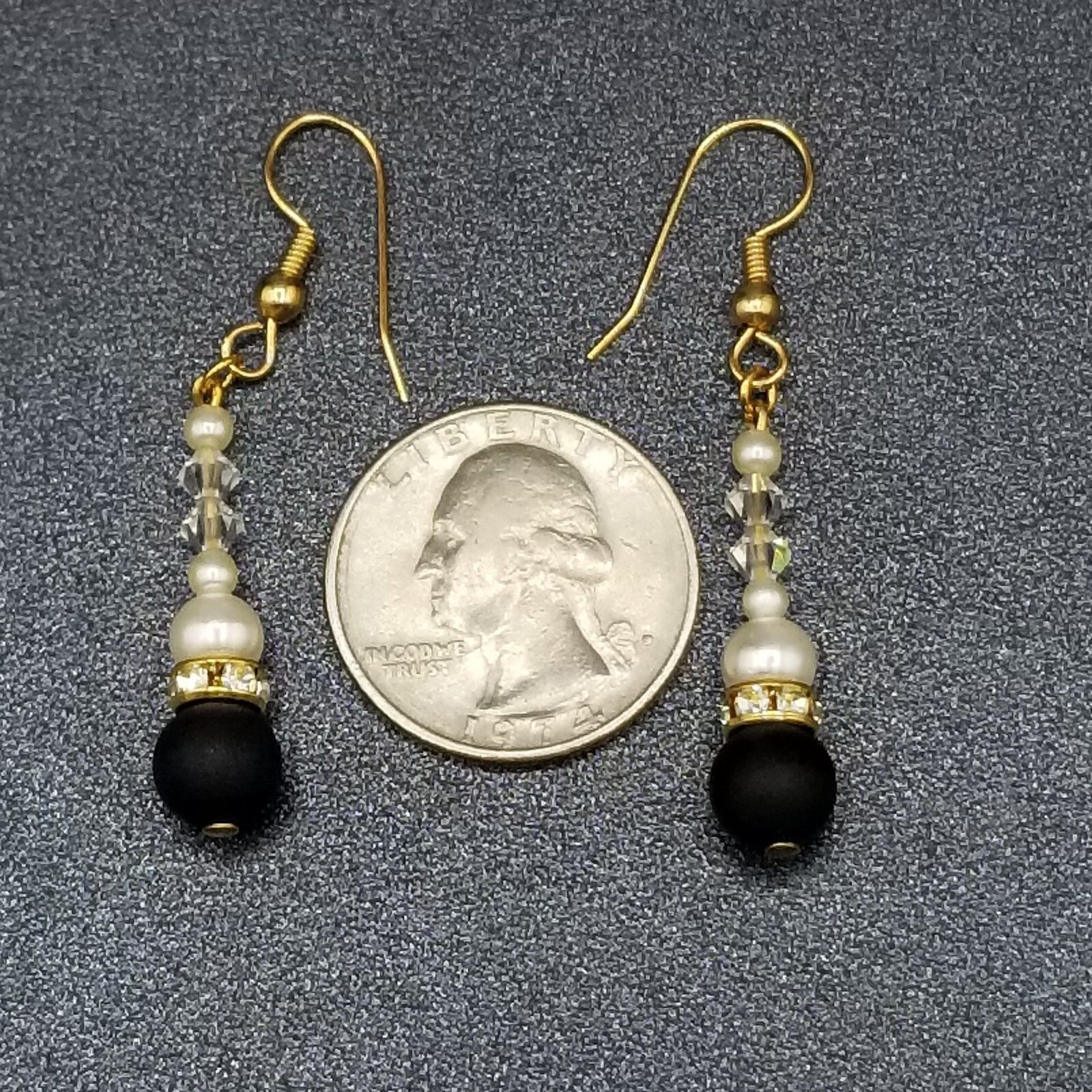 Pierced Earrings Gold tone Crystal Faux Pearl Black Beaded Dangle 1 1/8"