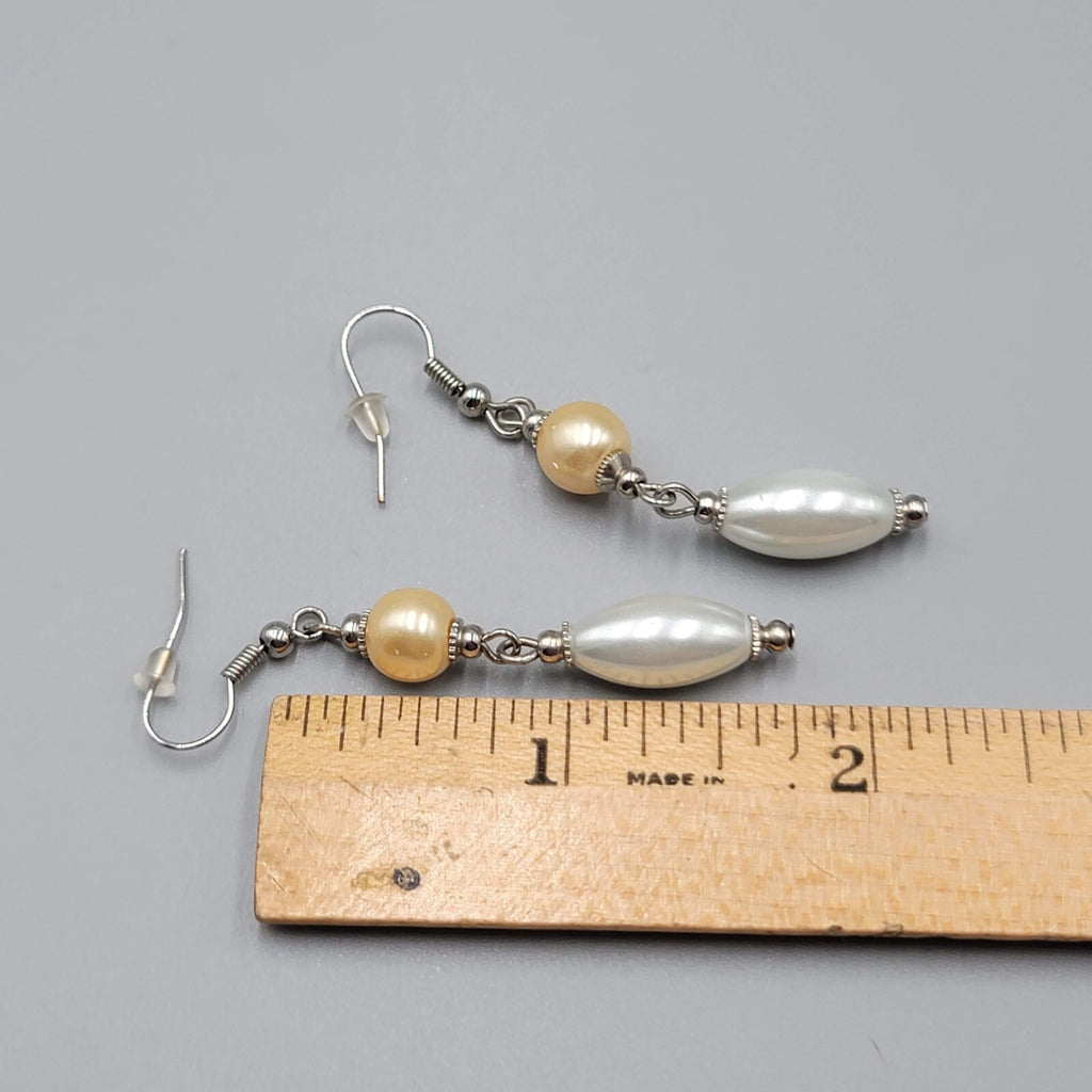 Pierced Earrings Silver tone Champagne White Bead Dangle 1.75"