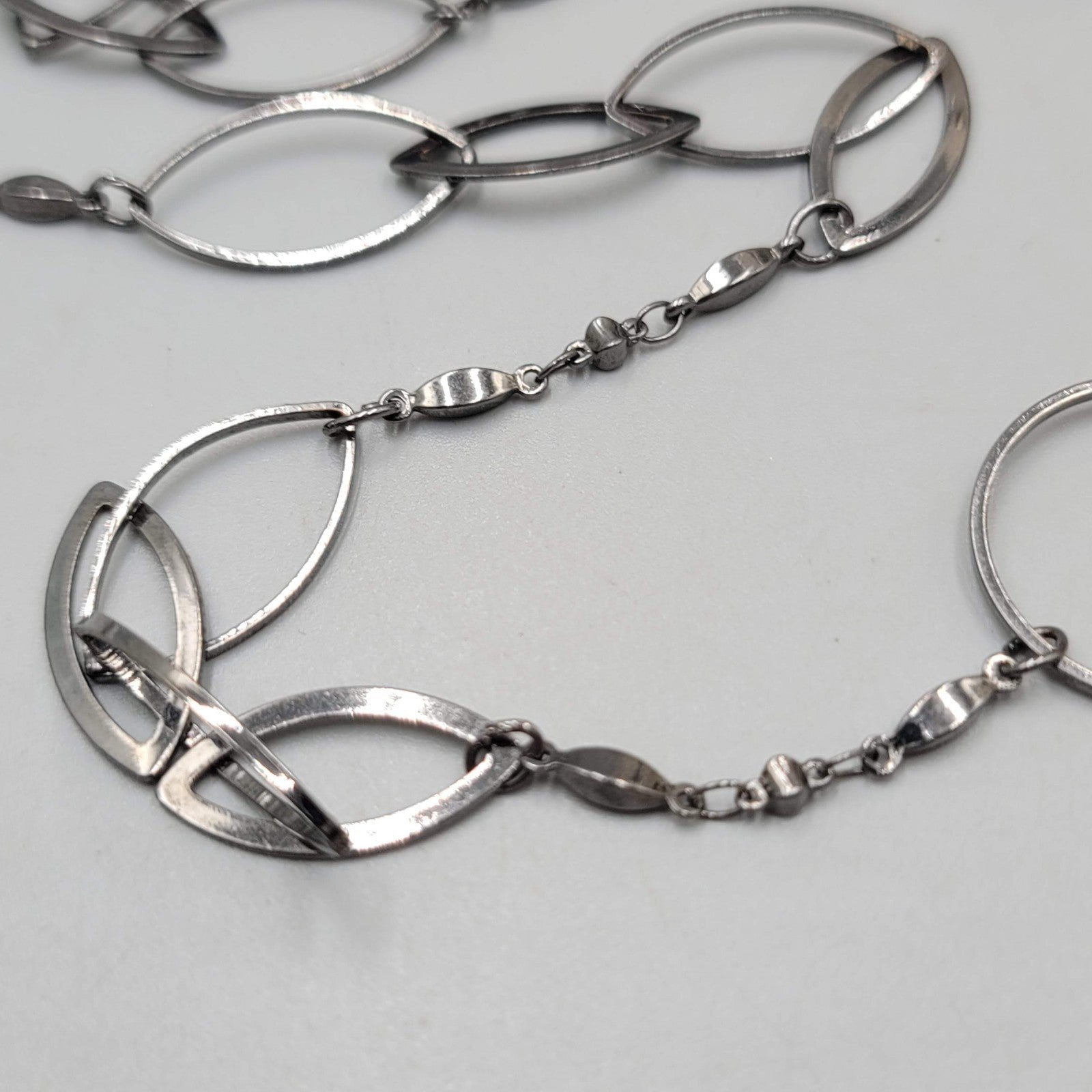 Long Thin Geometric Chain Necklace Gunmetal  Gray Black Metal 52"