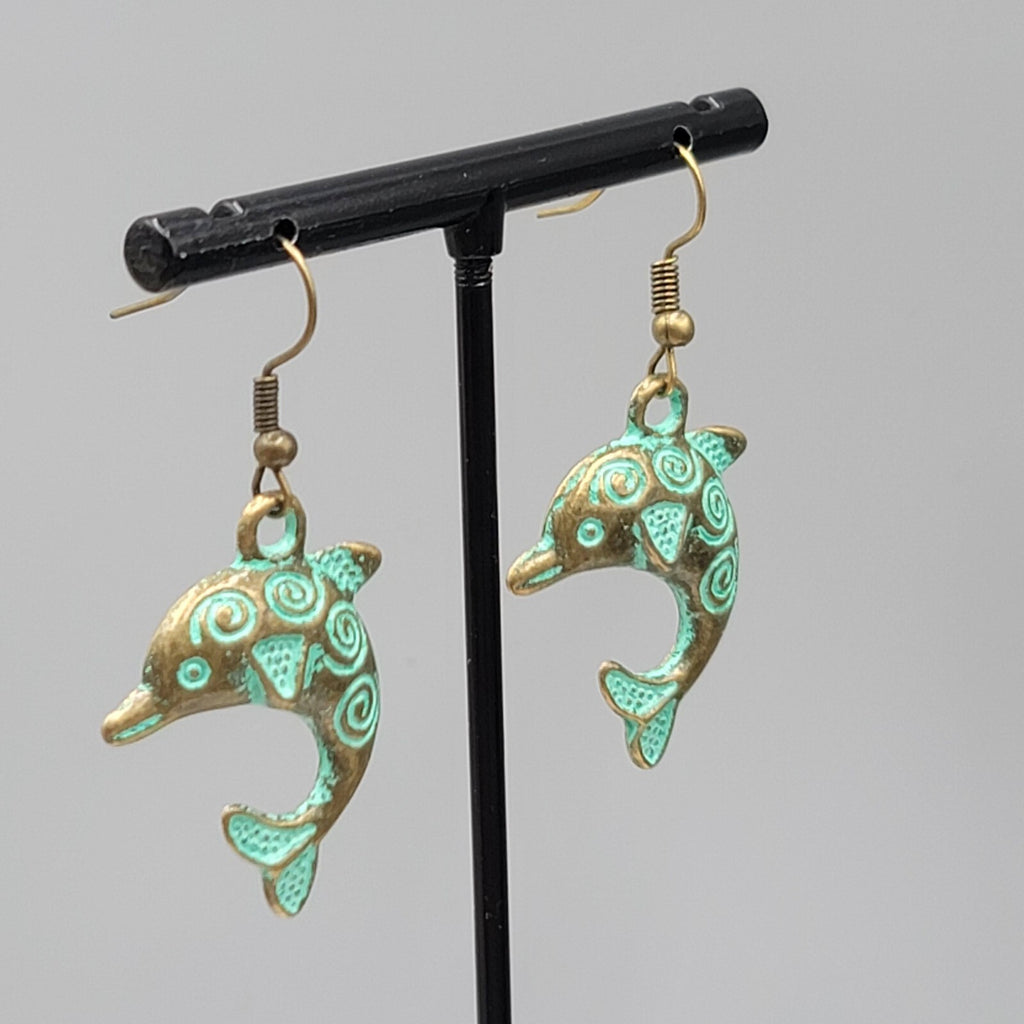 Dolphin Beach Sea life Pierced Earrings Bronze tone Green wash Dangle 1.25"