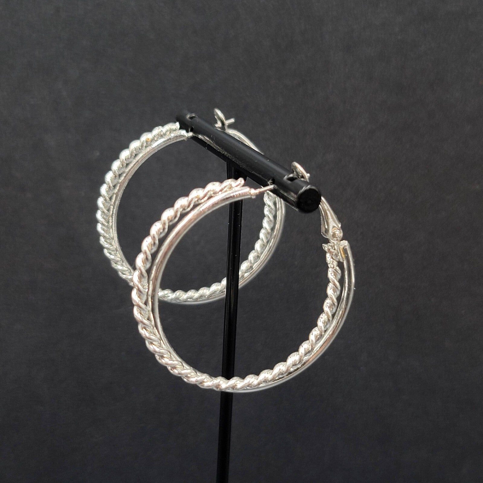 Pierced Earrings Silver tone Double Twist Hoops 1 5/8"