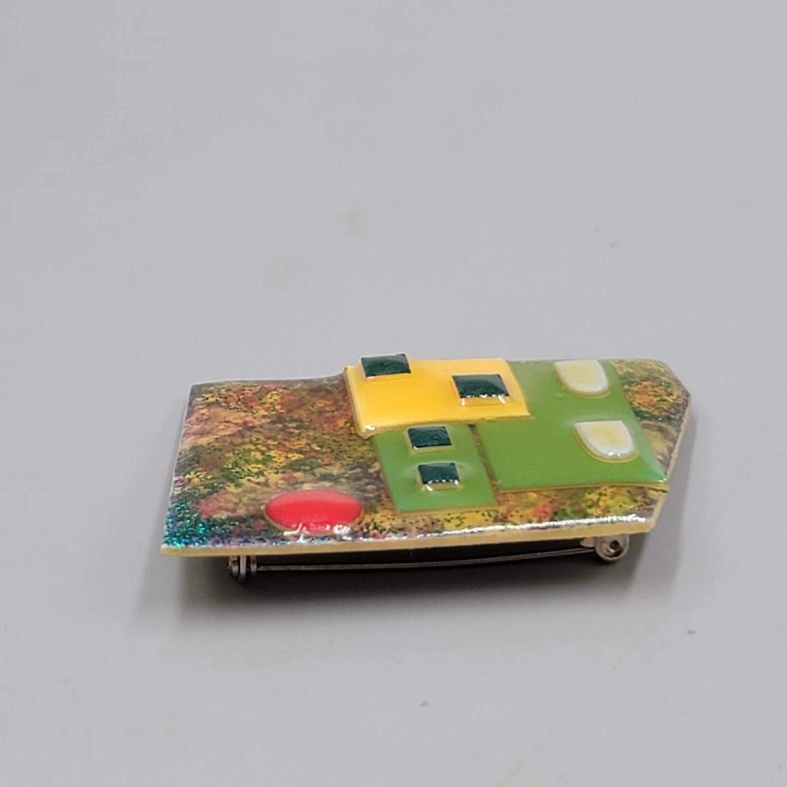 Lucinda House Pin Brooch Green Yellow House Red Sun Moon 2.25"