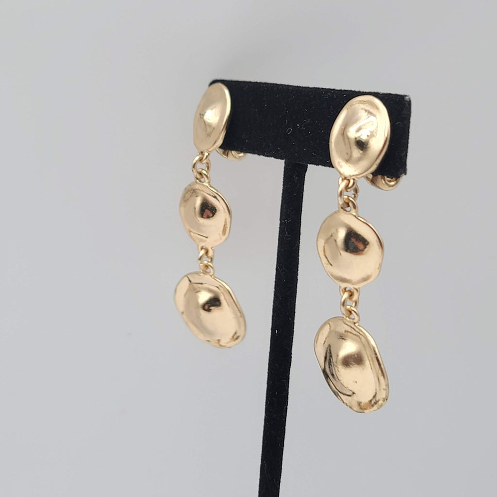 Vintage Triple Round Clip on Earrings Gold tone Dangle Signed 2.25 in