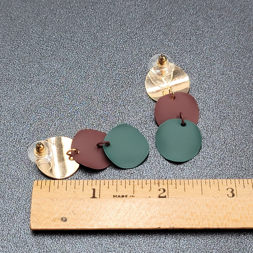 Pierced Earrings Gold tone Merlot Sage Enamel Dangle Discs 1 5/8"