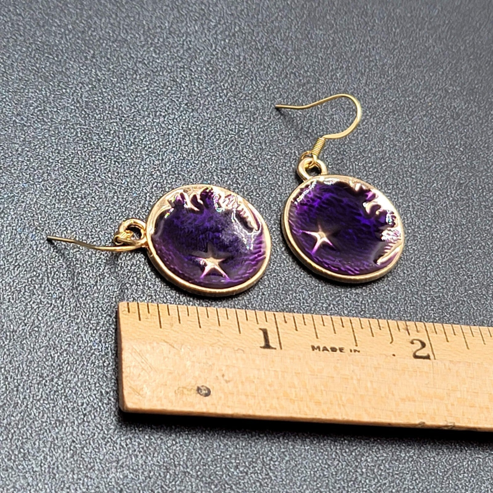 New Round Moon Pierced Earrings Gold tone Purple Enamel Dangle 1"