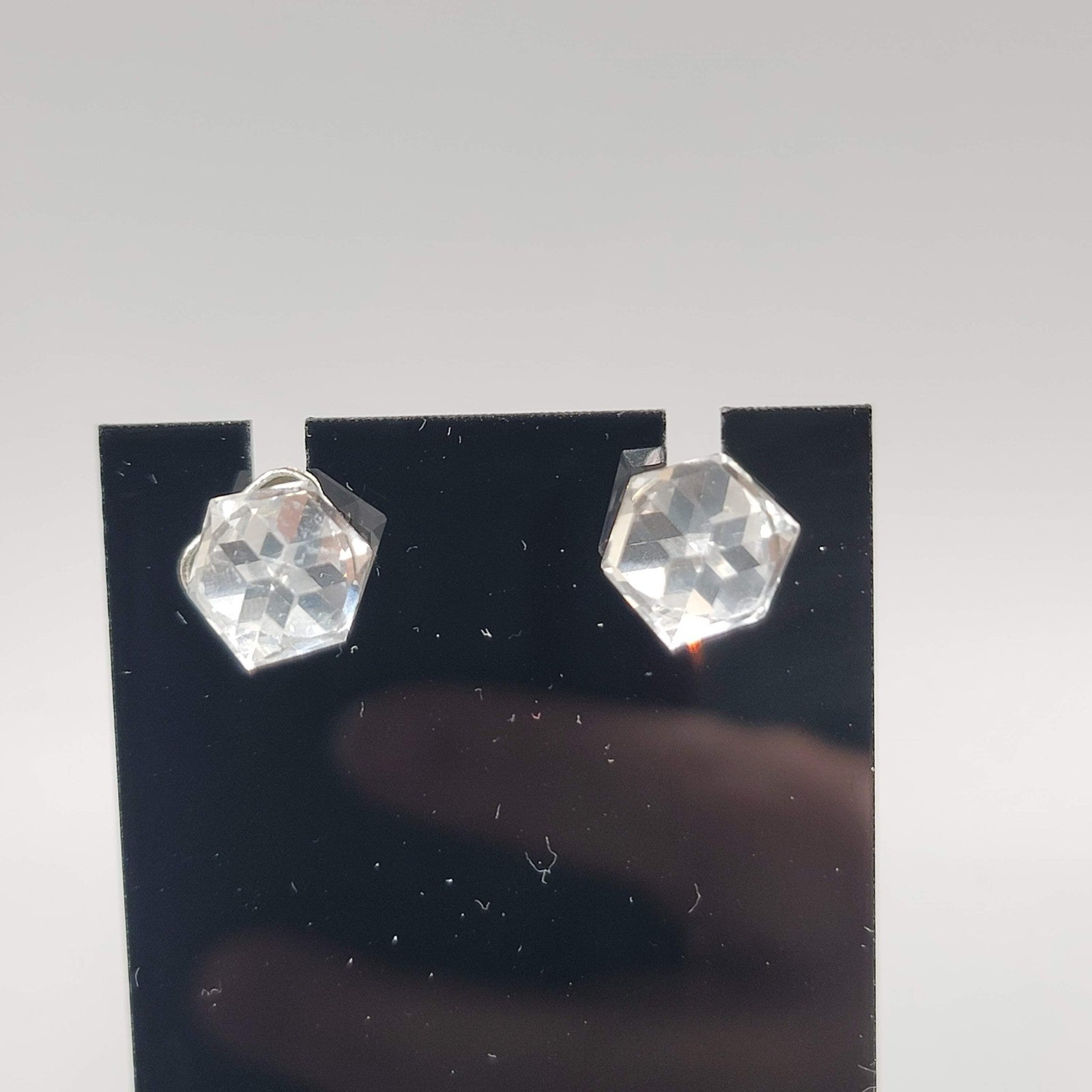 Crystal Cube Stud Pierced Earrings Silver tone 3/8 in