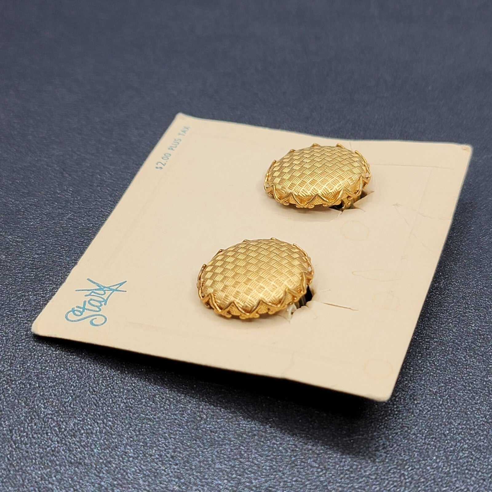 Vintage STAR Clip on Earrings NOS Gold tone Textured Button Style Studs 3/4"