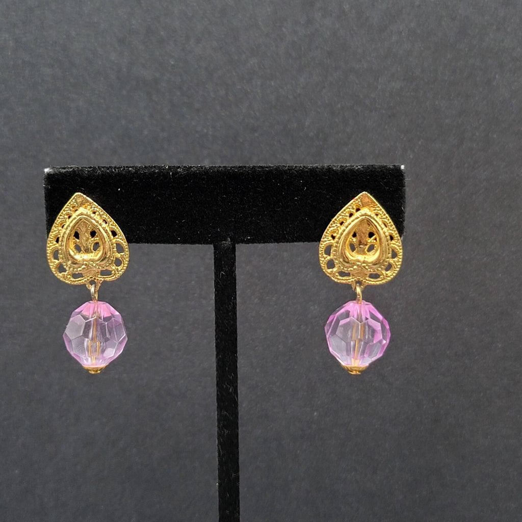 Pierced Earrings Gold tone Purple Plastic Bead Dangle 1.25"