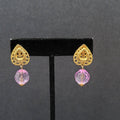 Pierced Earrings Gold tone Purple Plastic Bead Dangle 1.25"