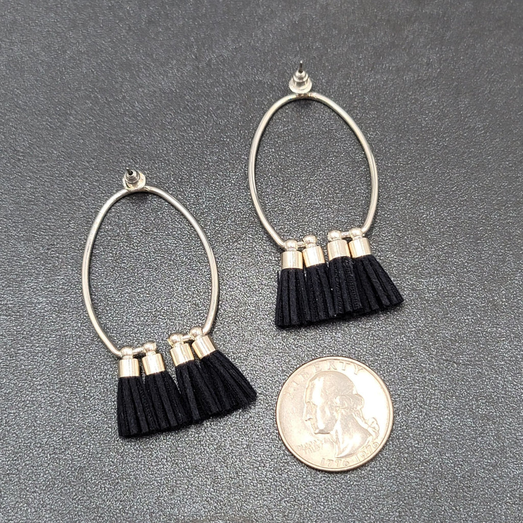 Pierced Earrings Silver tone Open Hoop Black Tassel Drop 2 1/8"