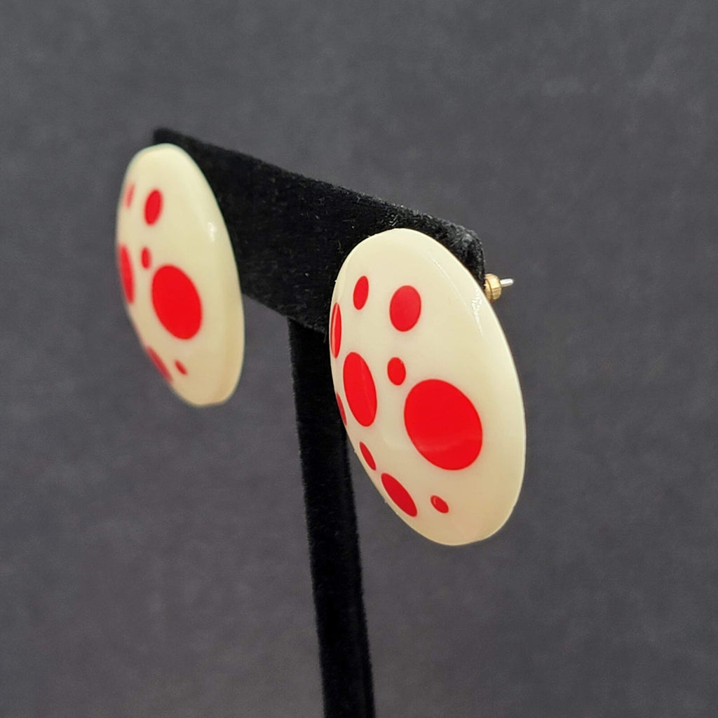 Vintage Pierced Earrings White Acrylic Round Red Polka Dots 1"