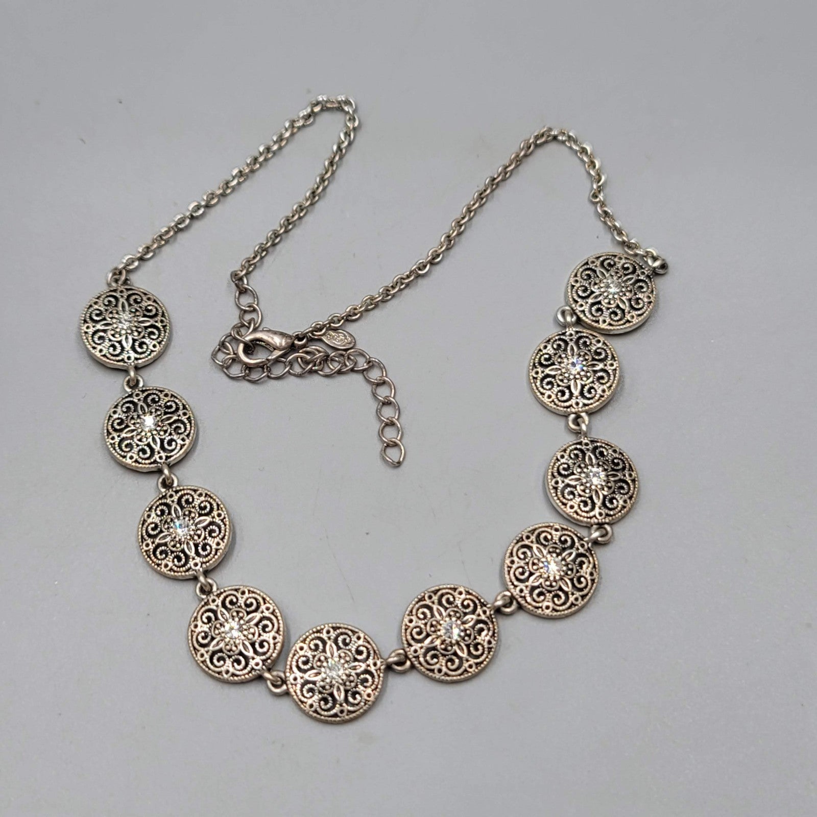 Premier Designs Round Filigree Necklace Crystal Silver tone 16"-18"