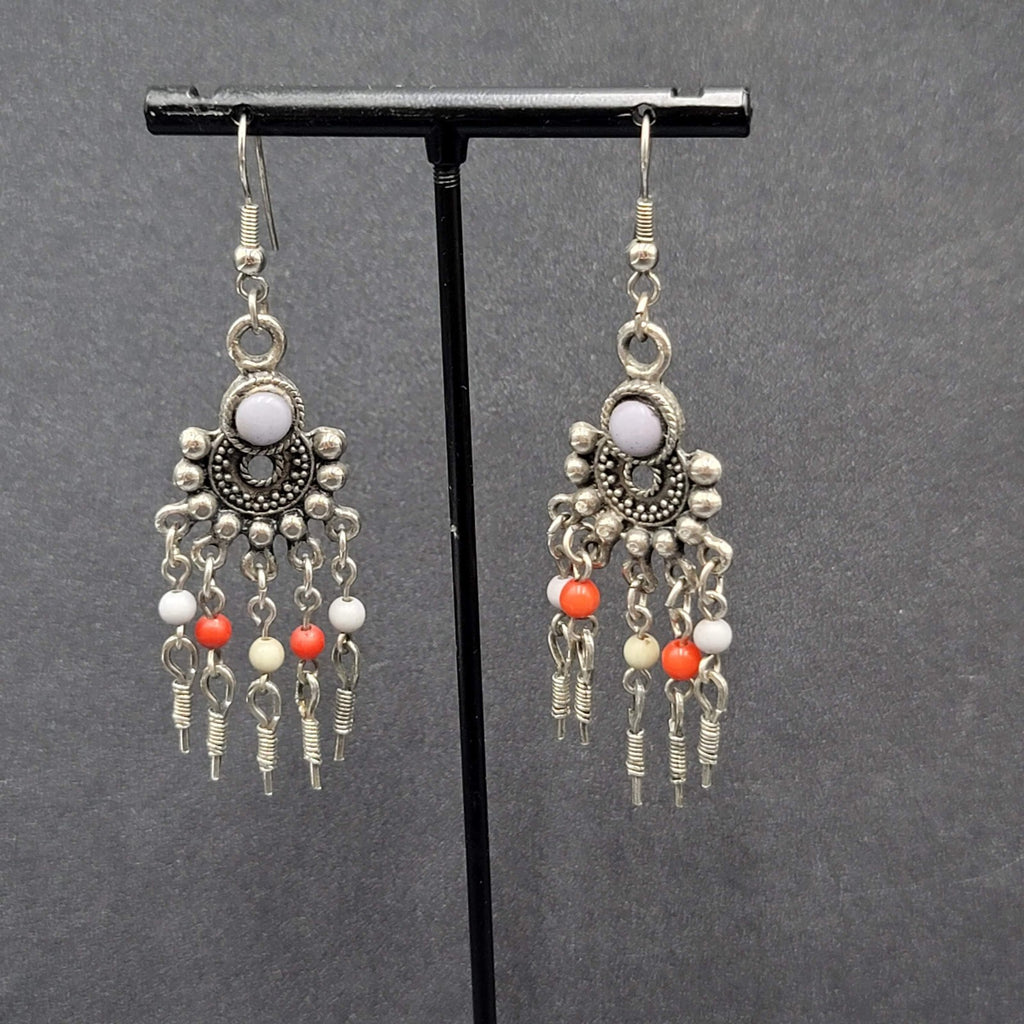 Boho Pierced Earrings Silver tone Beaded Chandelier 2.25"