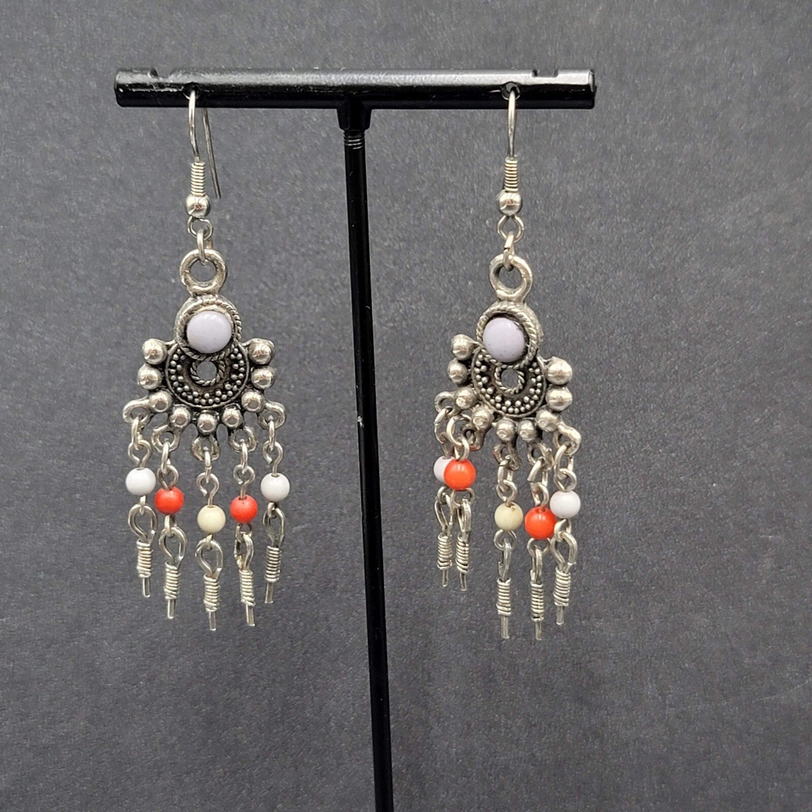 Boho Pierced Earrings Silver tone Beaded Chandelier 2.25"