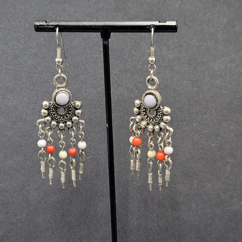 Boho Pierced Earrings Silver tone Beaded Chandelier 2.25"