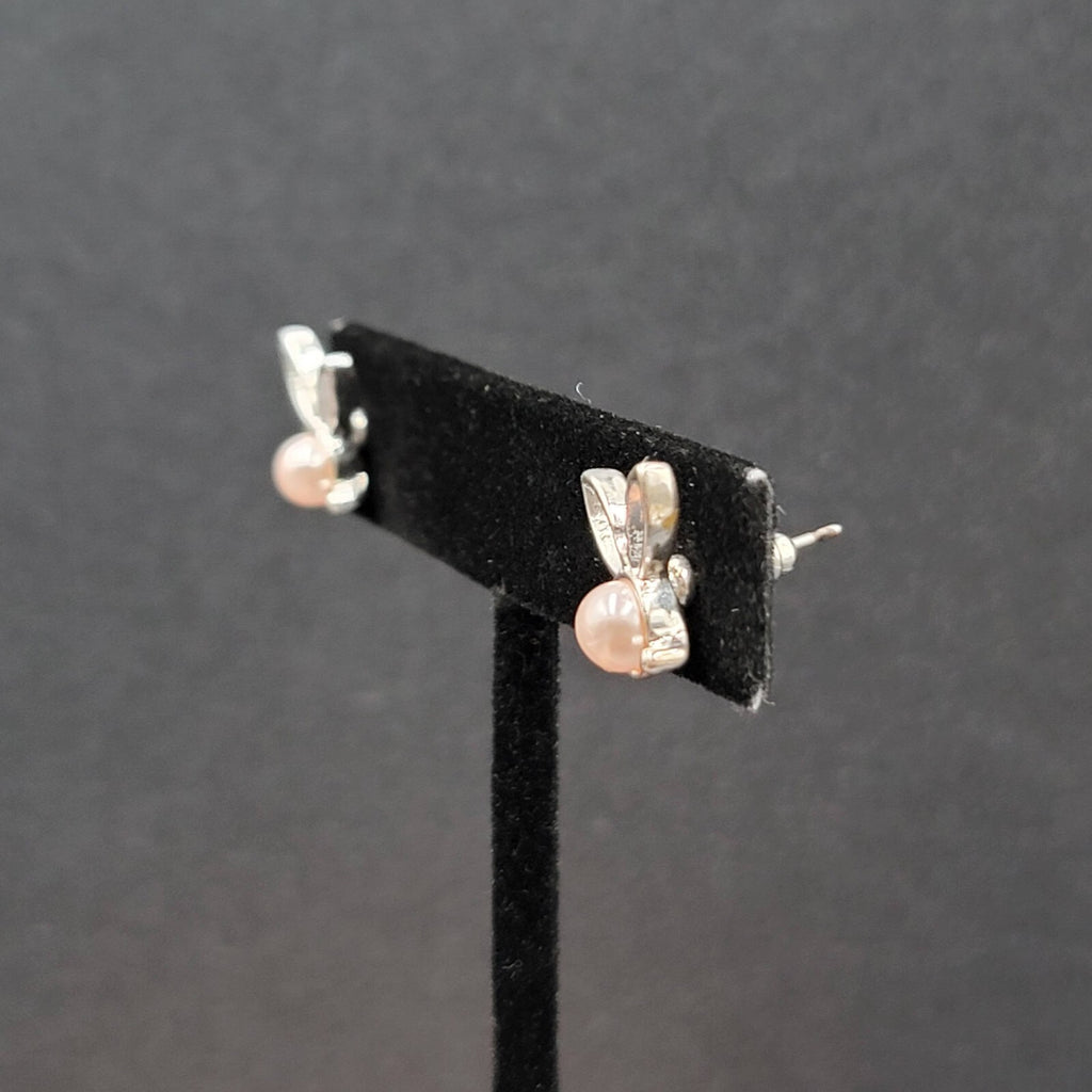 Bunny Rabbit Pierced Earrings Silver tone Faux Pink Pearl Studs 1/2"