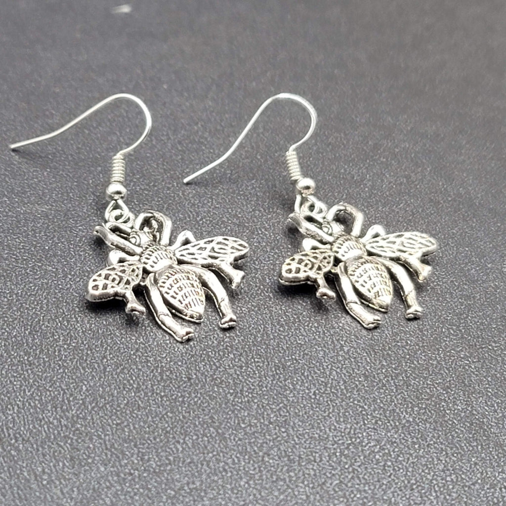 Bee Flying Insect Pierced Earrings Silver tone Dangle 1"