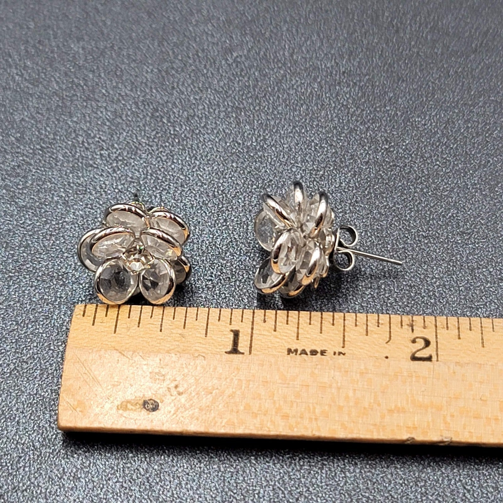 Flower Pierced Earrings Silver tone Clear Faceted Glass Studs 5/8"