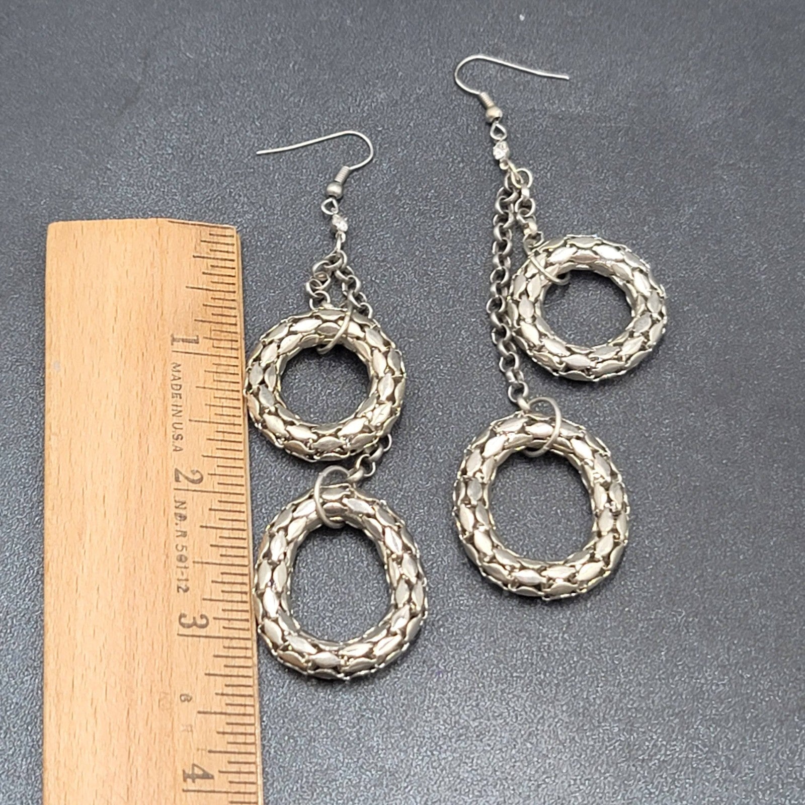 Pierced Earrings Silver tone Statement Dangle Chains 3.25"
