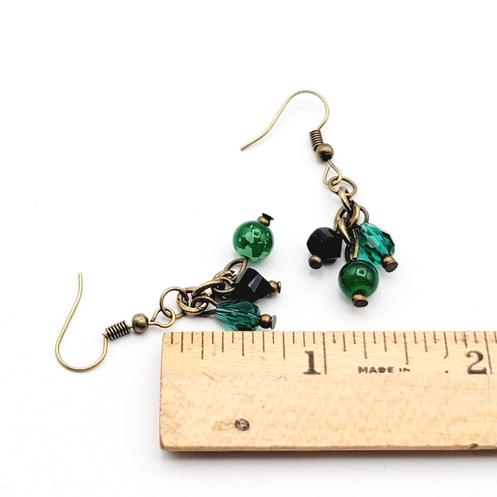 Green Black Glass Bead Pierced Earrings Bronze tone Dangle 1 in