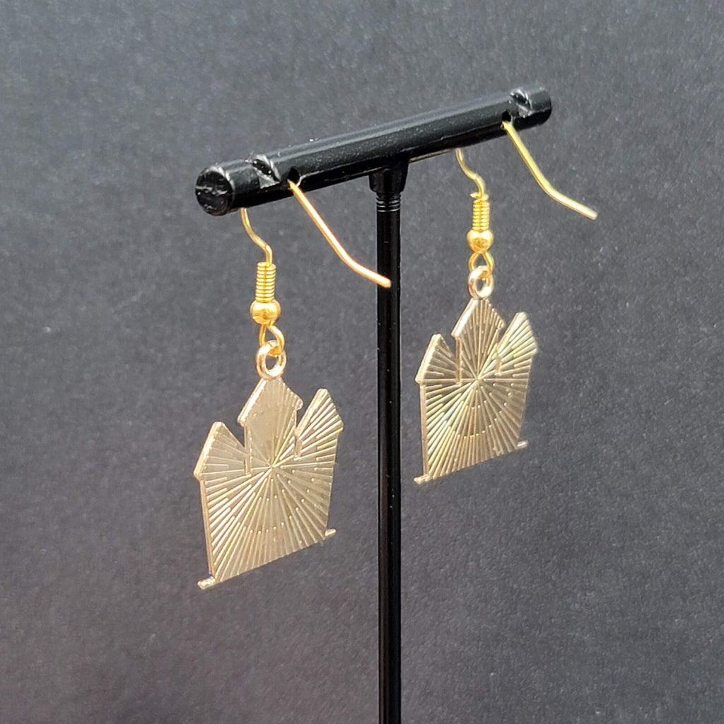 Purple Haunted House Halloween Pierced Earrings Gold tone Enamel Dangle 1"