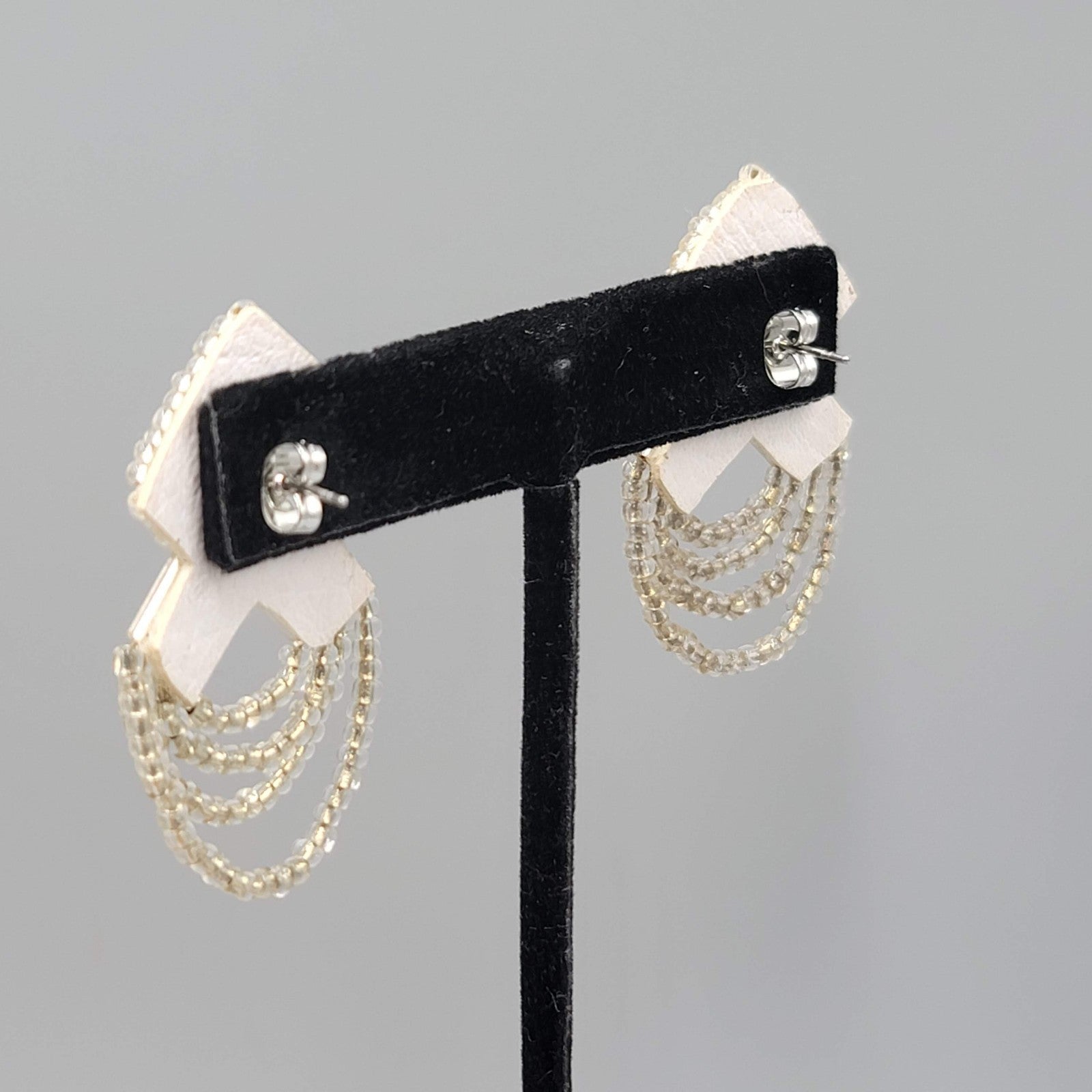 Vintage White Leather Pierced Earrings Silver tone Seed Beads Statement 1.5 in