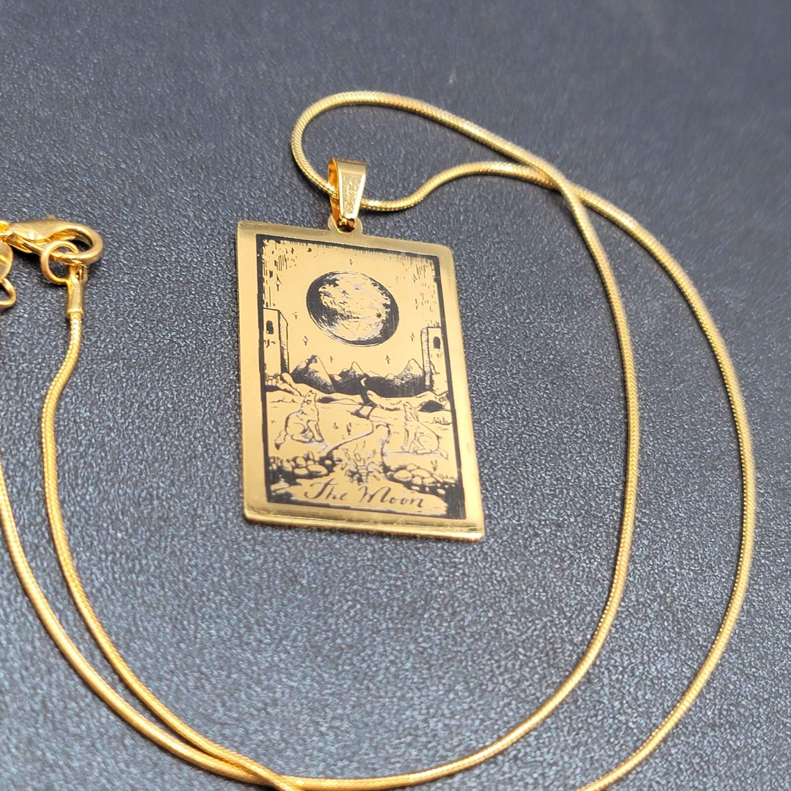 THE MOON Tarot Card Pendant Necklace Major Arcana Gold tone 18”.