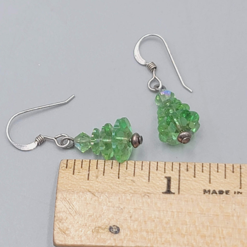Bead Evergreen Tree Pierced Earrings Crystal Silver tone Dangle 3/4"