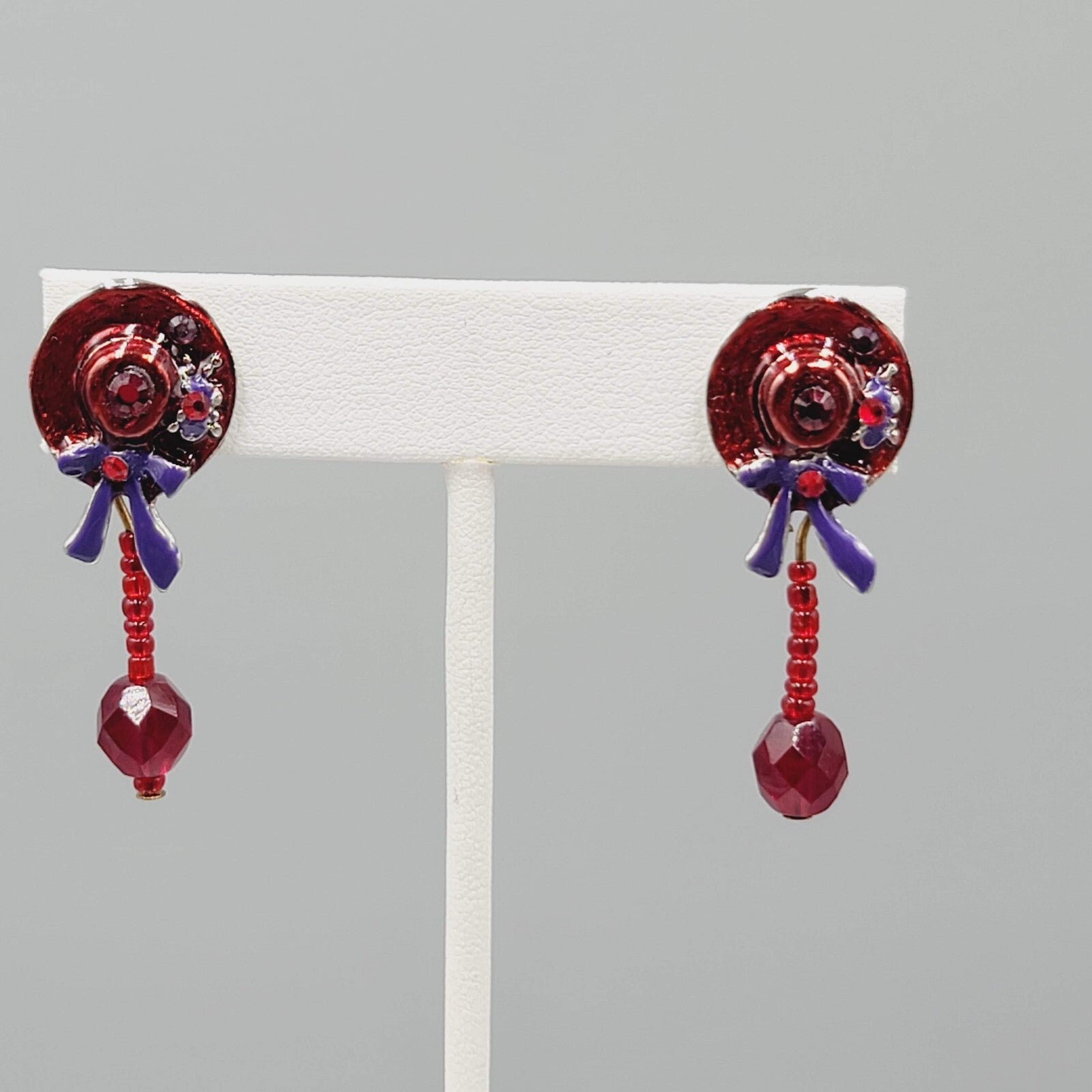 Vintage Red Hat Society Pierced Earrings Enamel Dangle 1.5"