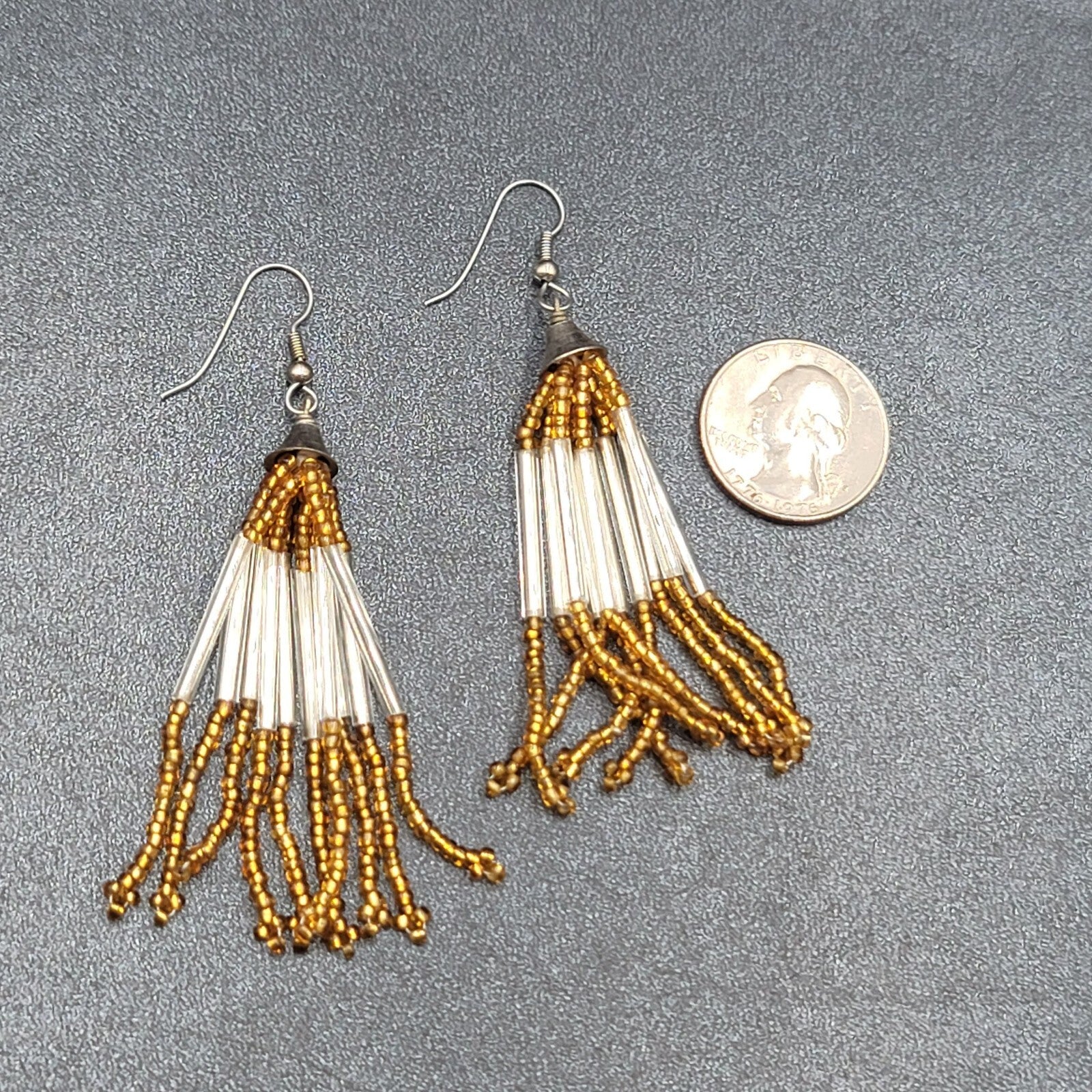 Pierced Earrings Silver tone Orange Seed Bead Multi Strand Dangle 2.5"