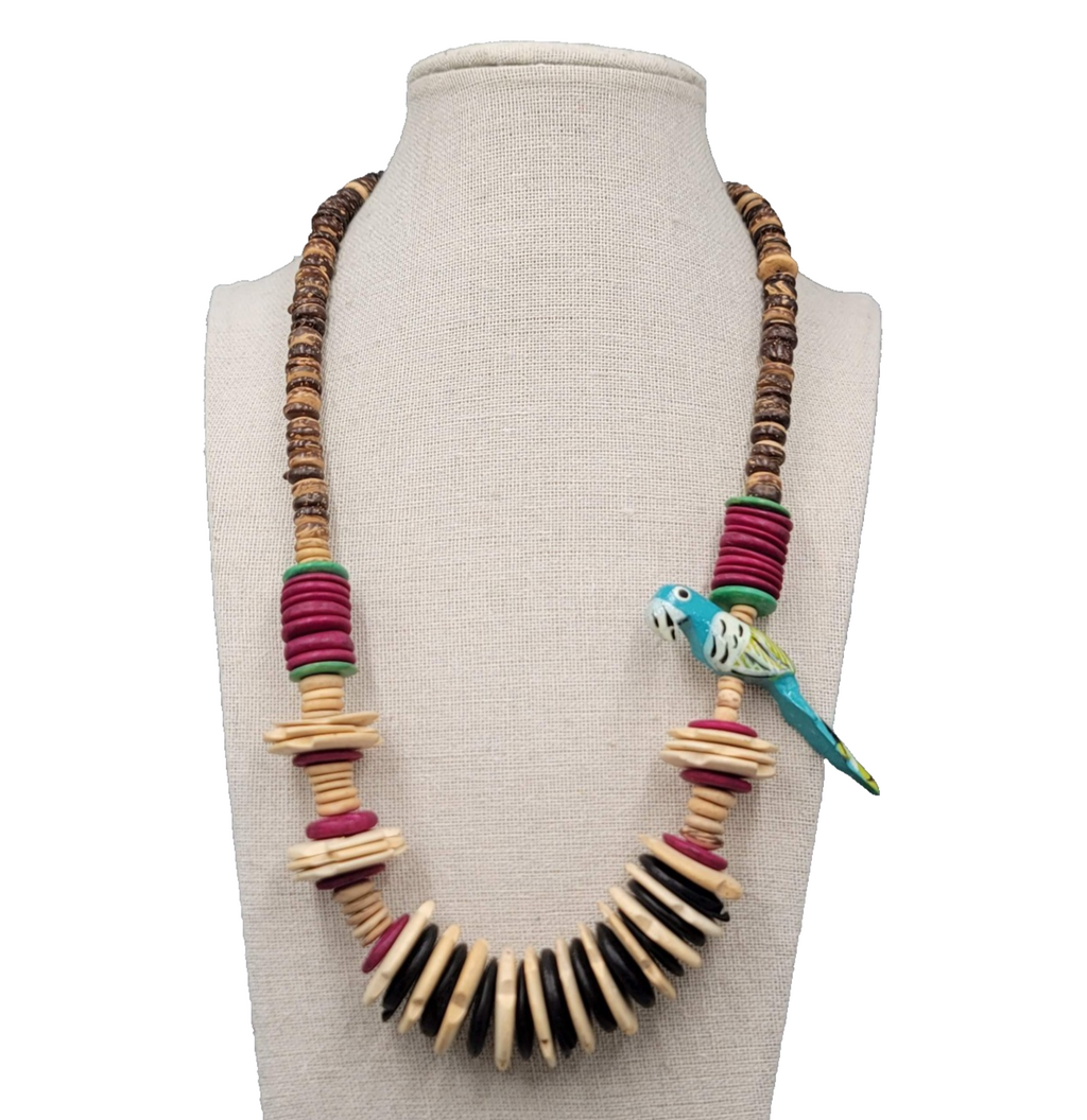 Vintage Coconut Wood Bead Necklace Bird Hand Painted 22" Estate Costume Jewelry