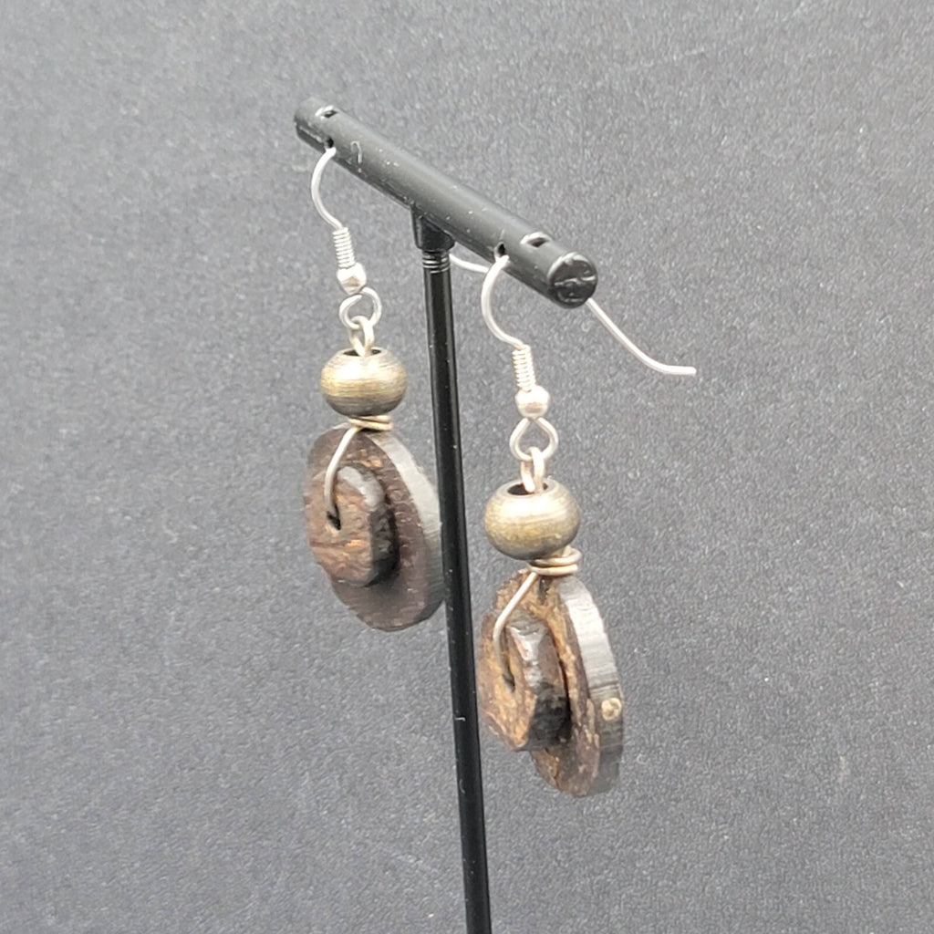 Pierced Earrings Silver tone Coconut Layered Disc Beads Dangle 1.25"