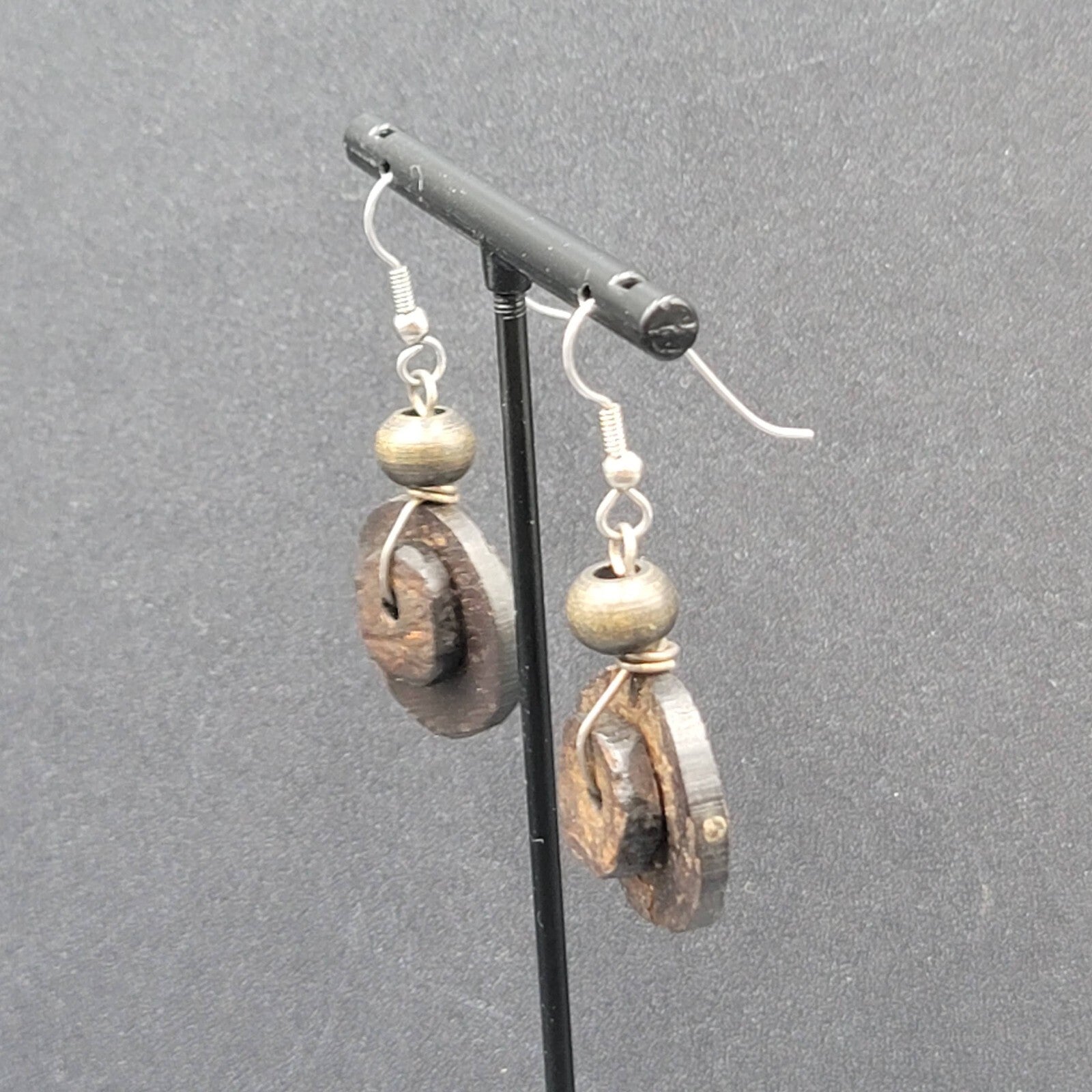 Pierced Earrings Silver tone Coconut Layered Disc Beads Dangle 1.25"