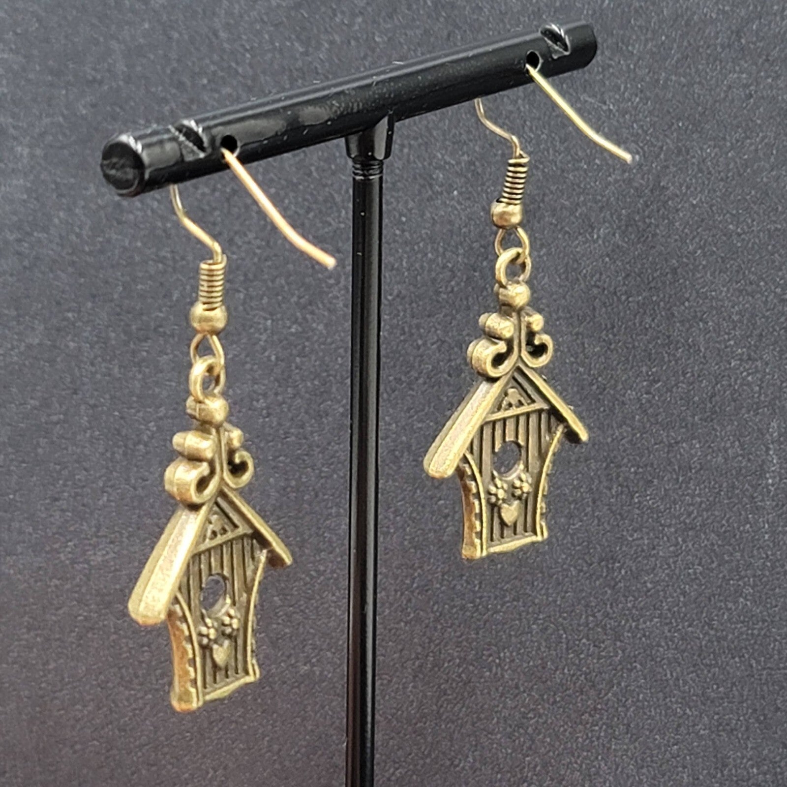 Birdhouse Pierced Earrings Bronze tone Dangle 3D Embossed 1 1/8"