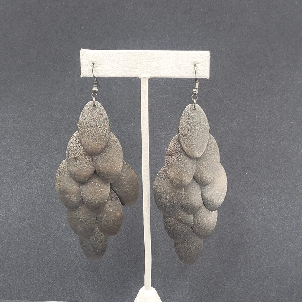 Pierced Earrings Gunmetal Gray Textured Layered Chandelier Dangle 4"