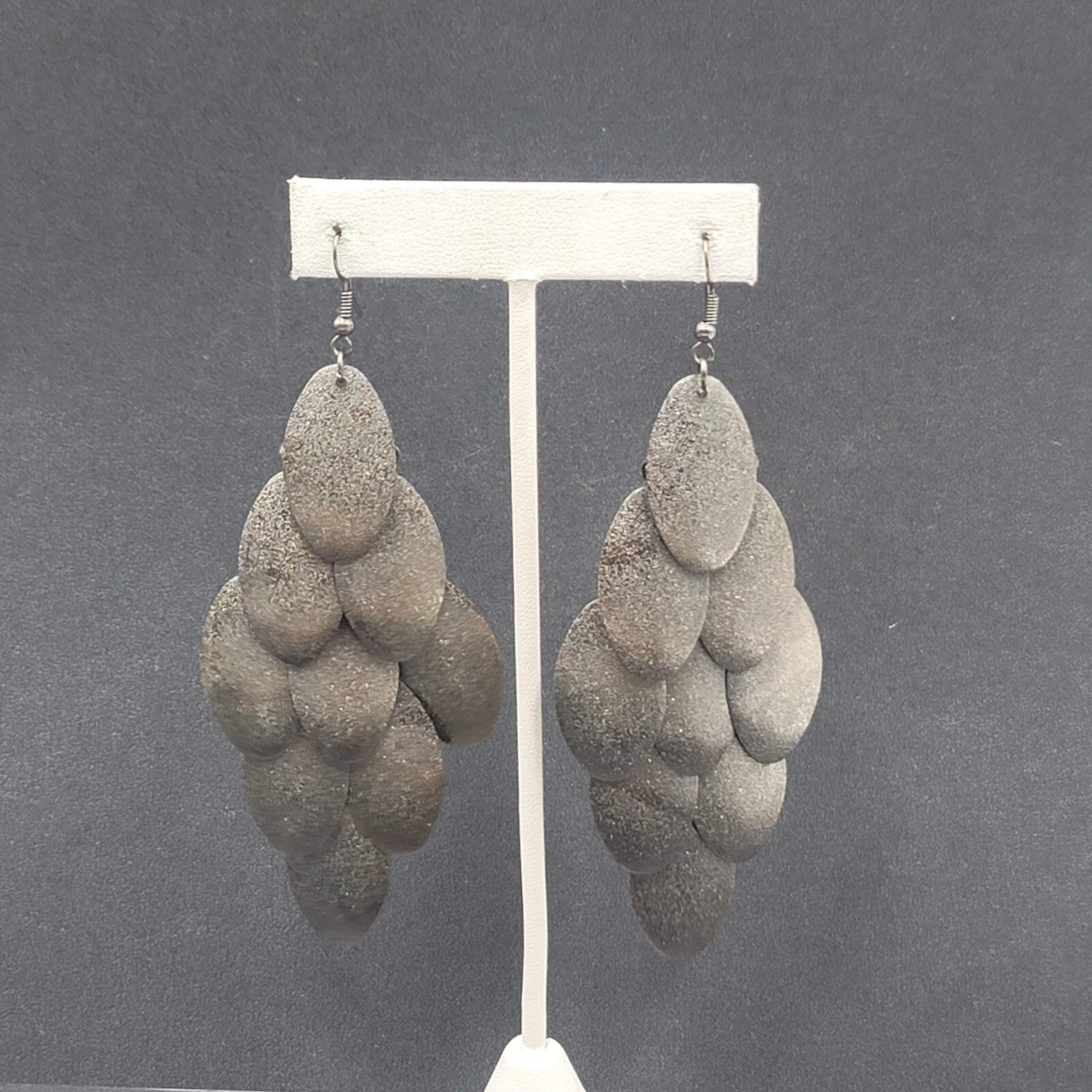 Pierced Earrings Gunmetal Gray Textured Layered Chandelier Dangle 4"