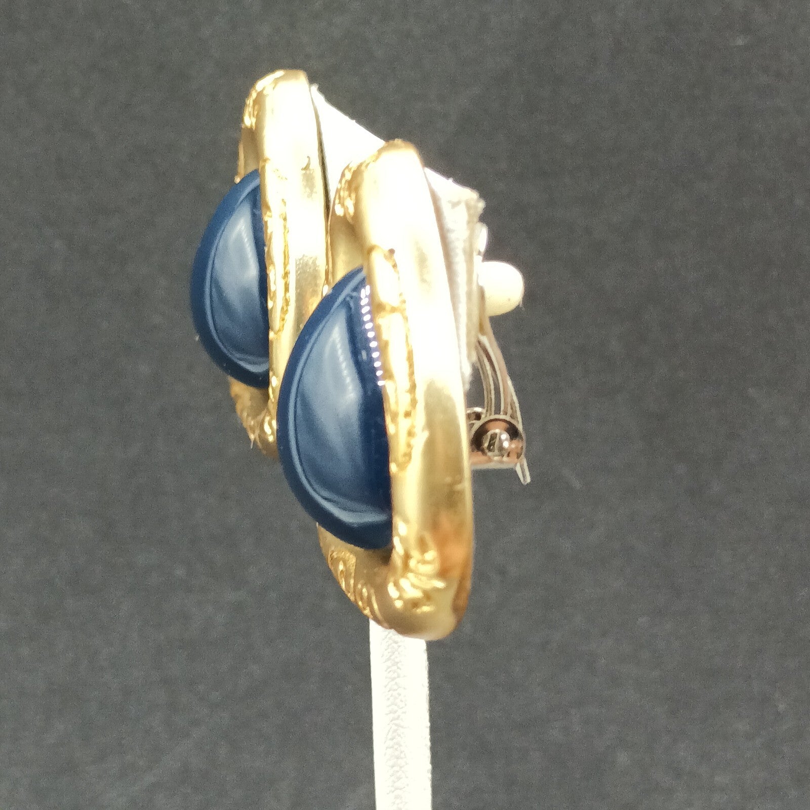 Vintage Clip on Earrings Gold tone Dark Blue Acrylic Soft Triangle Drop 1 3/8"