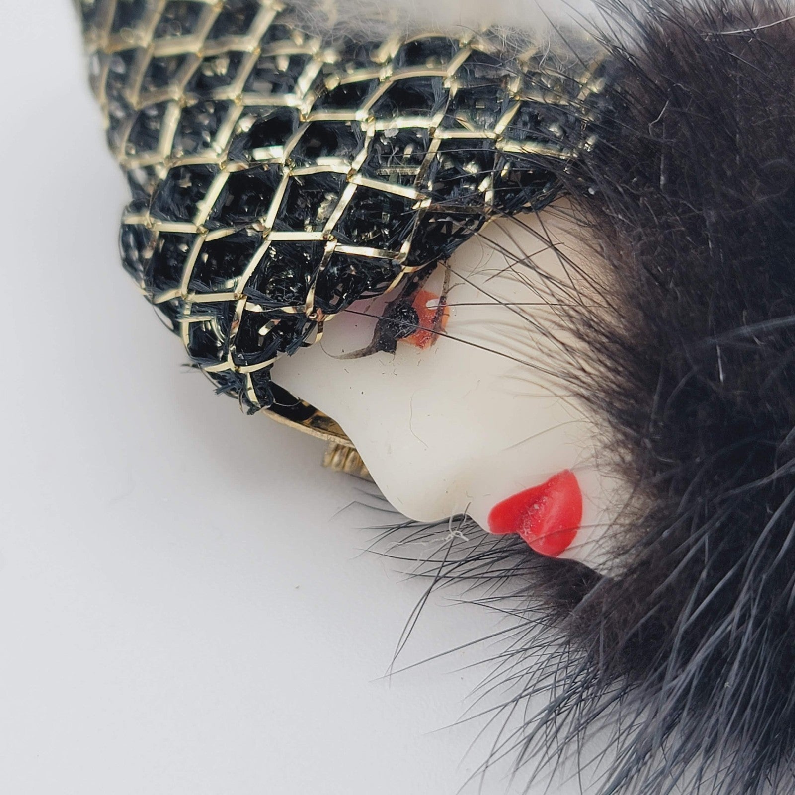 Vintage Black Mink Fur & Porcelain Hand Painted Lady Face Brooch Pin 1980’s