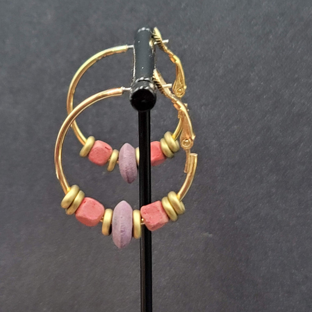 Vintage Pierced Earrings Gold tone Pink Purple Wood Beaded Hoops 1"