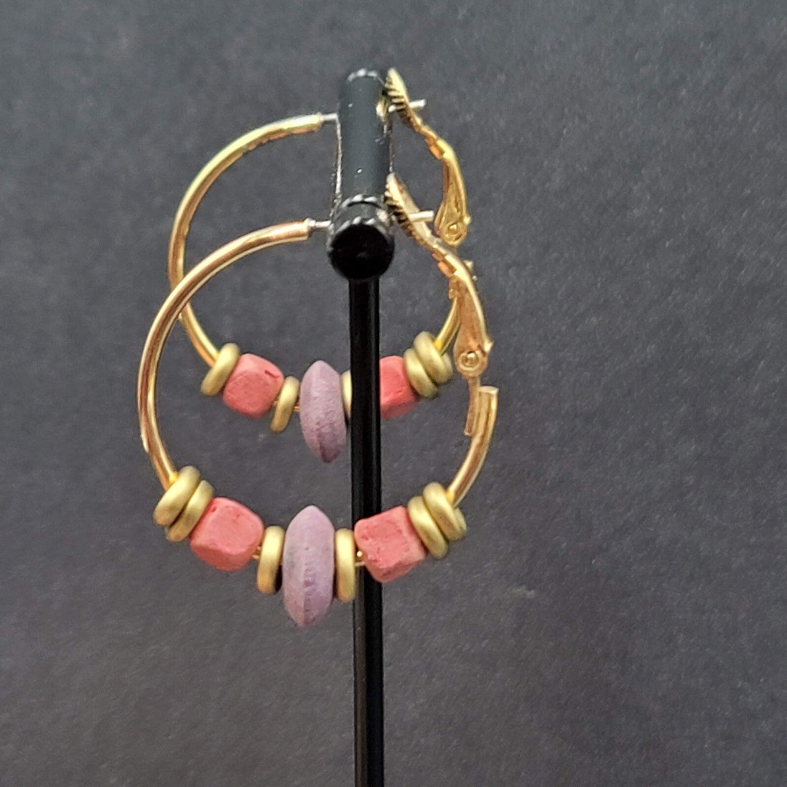 Vintage Pierced Earrings Gold tone Pink Purple Wood Beaded Hoops 1"