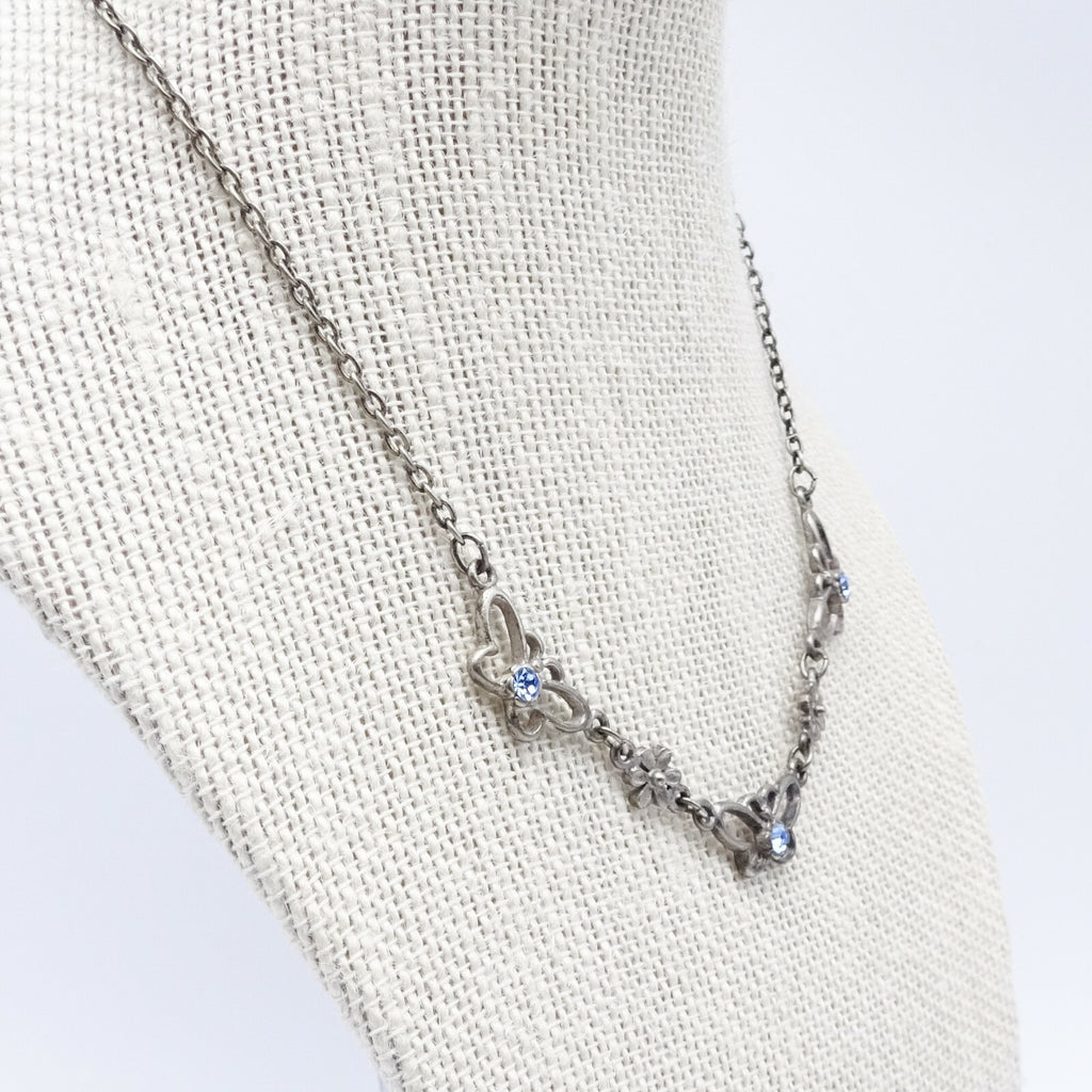 Silver tone Chain Butterfly Necklace Blue Rhinestone Accents Collar  14" - 16"