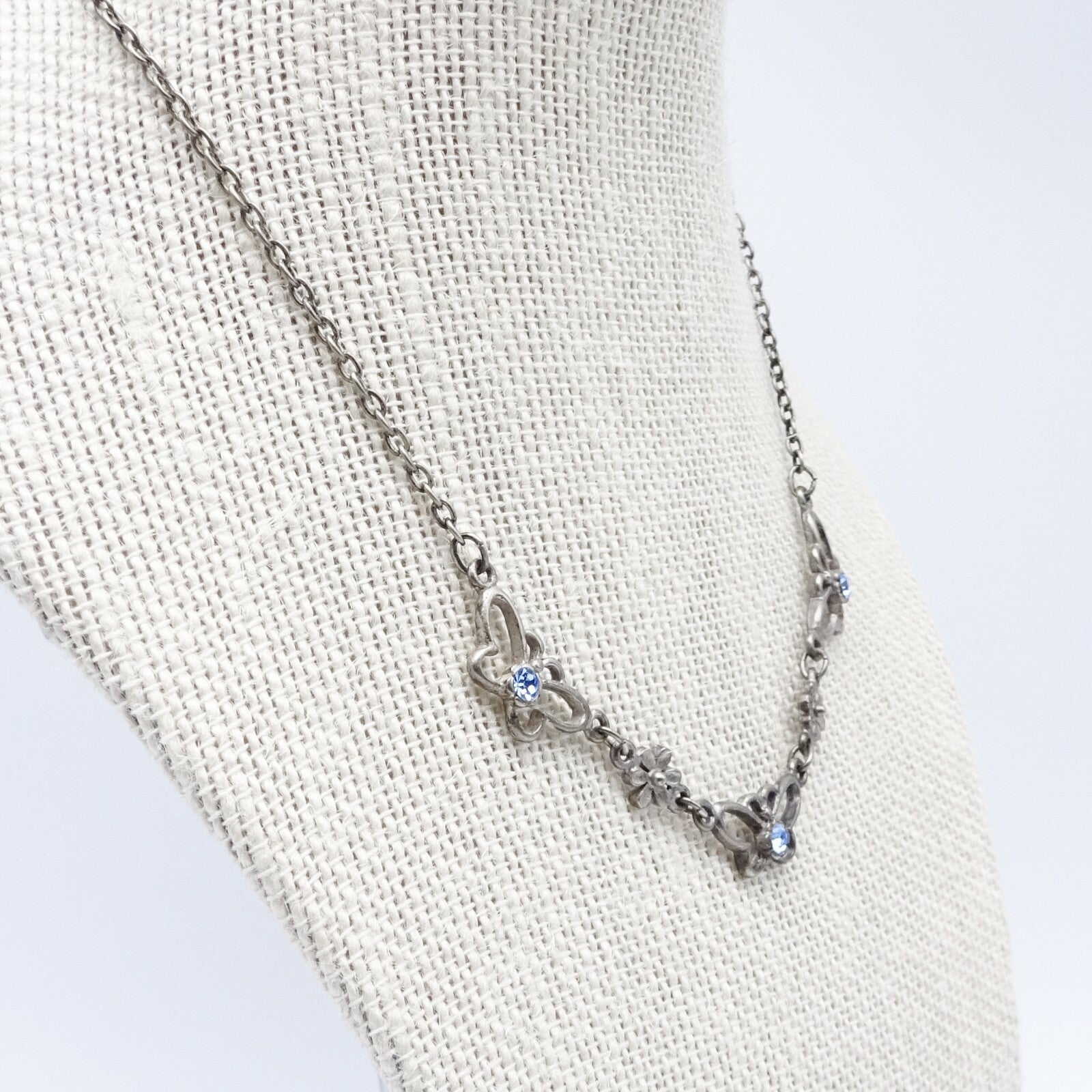 Silver tone Chain Butterfly Necklace Blue Rhinestone Accents Collar  14" - 16"