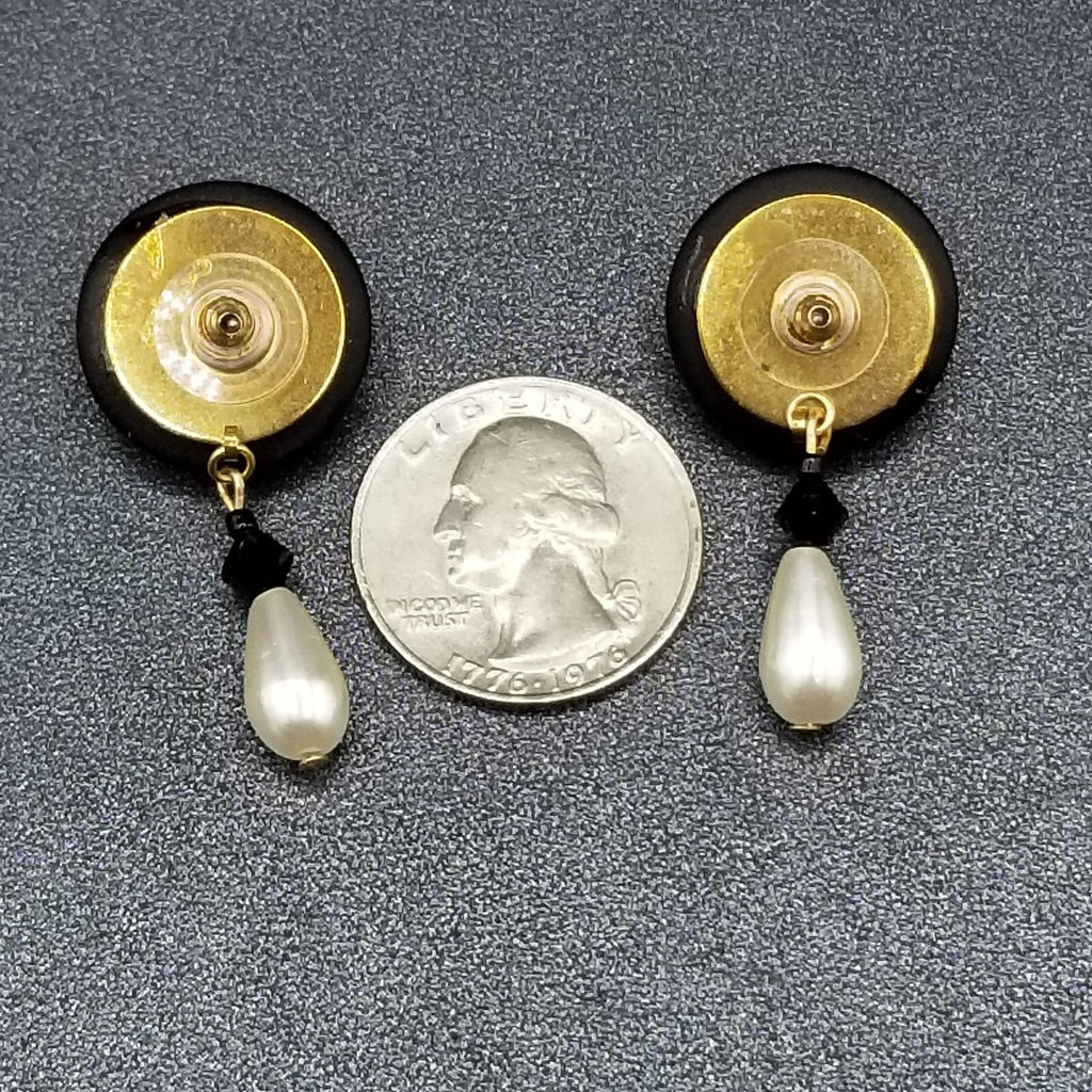Pierced Earrings Gold tone Mother of Pearl Bead Button Style Dangle 1 5/8"