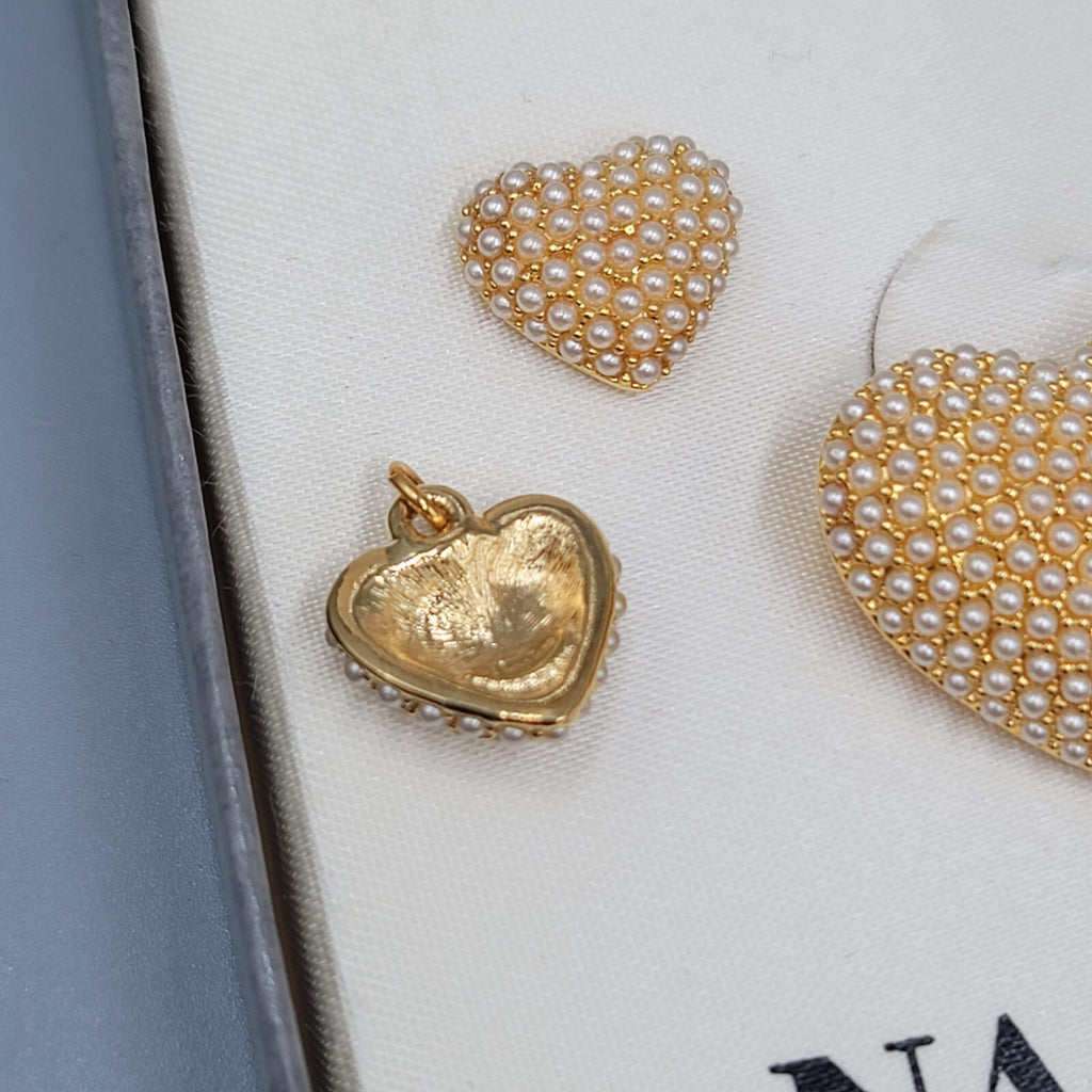Napier Faux Pearl Cluster Heart Brooch Pierced Earrings Set Matching Pendant