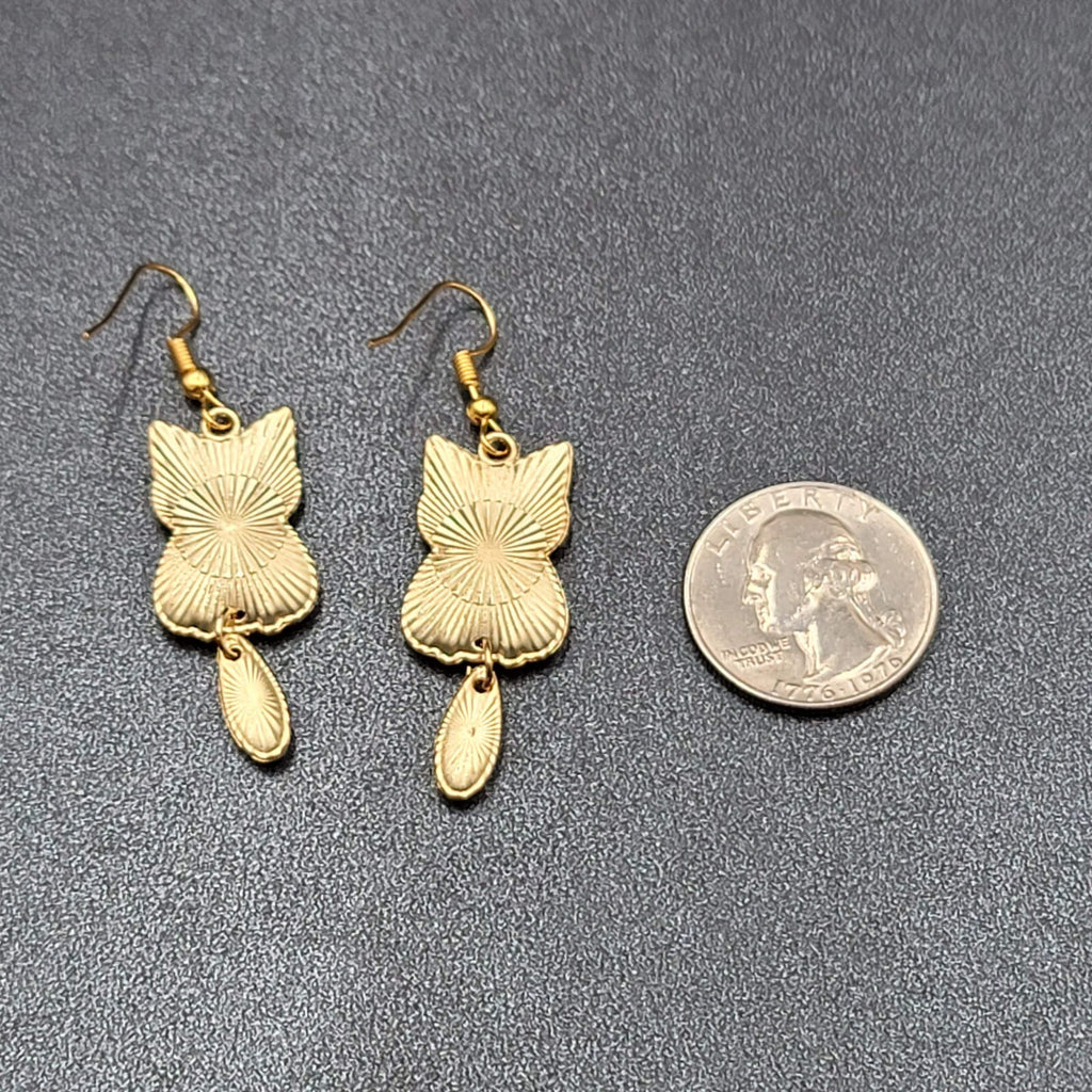 Black Tabby Kitty Cat Pierced Earrings Gold tone Dangle Tail 1.5"